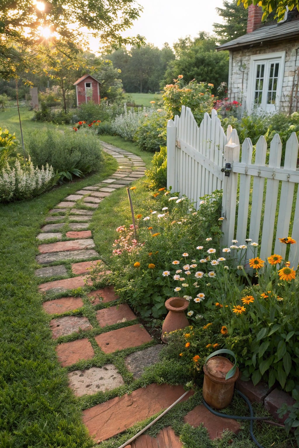 Winding garden path of irregular red stone pavers bordered by colorful flowers including daisies and marigolds, with white picket fence gate, red shed, stone house, and watering can nearby.