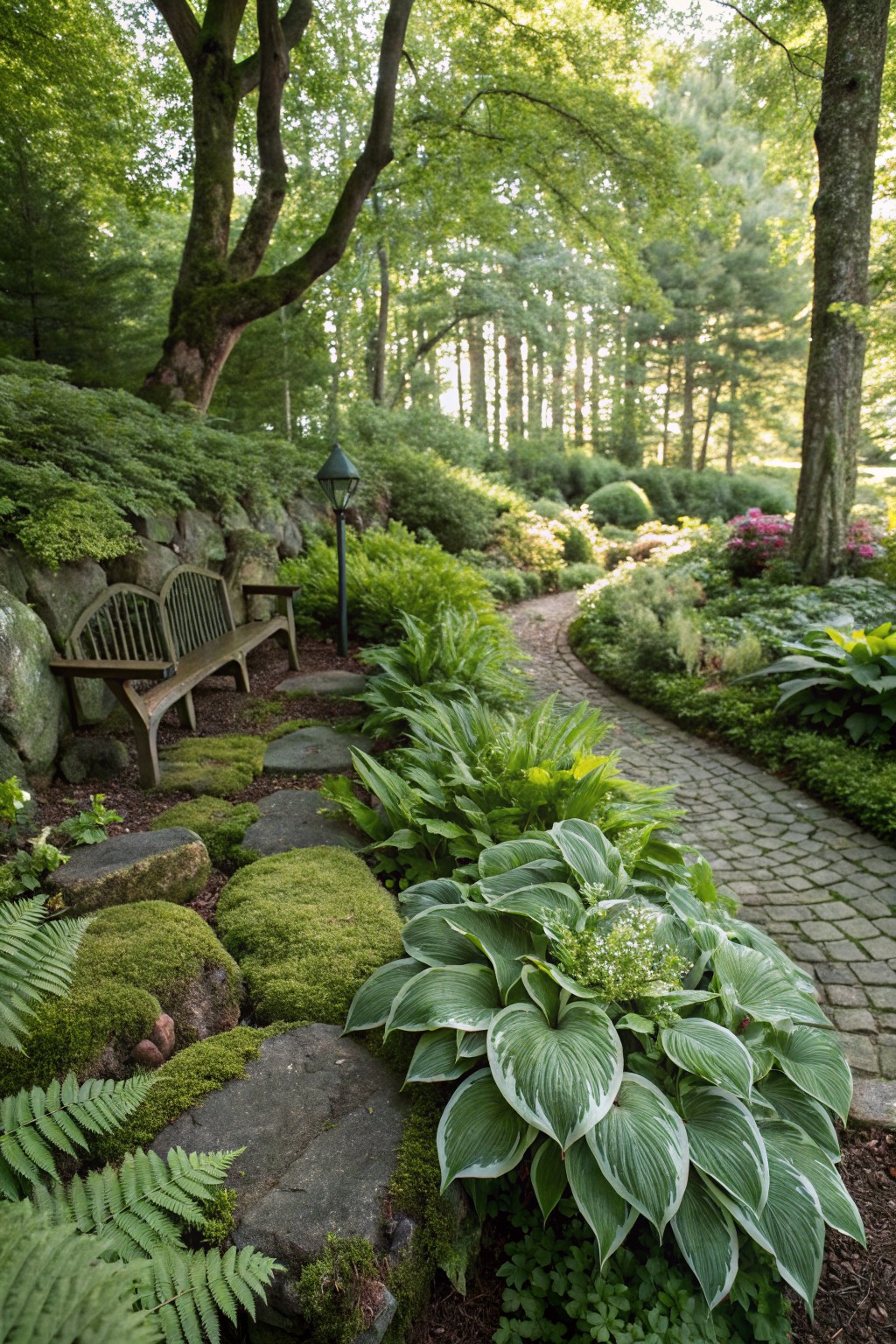 Curving cobblestone path bordered by hostas, ferns, moss-covered boulders, and a wooden bench against a rock wall with a lantern light in a shaded woodland garden.