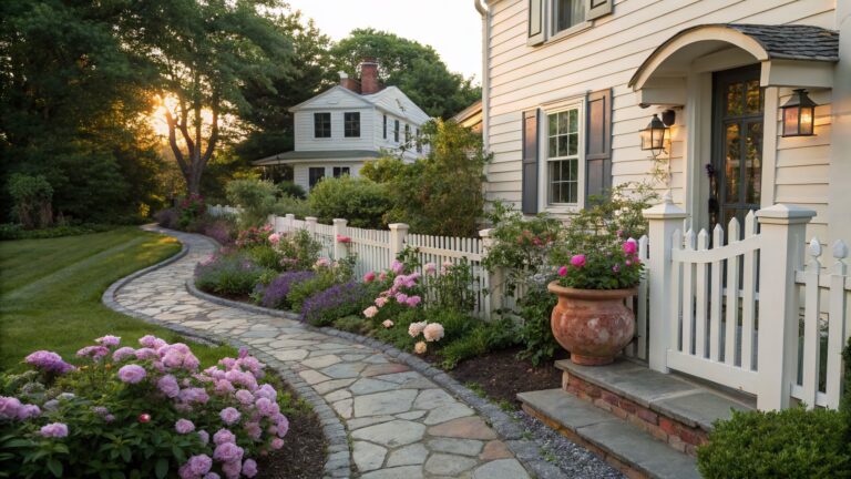White picket fence labeled "Lau elder" beside a curving brick path edged with pink roses, purple asters, white alyssum, and potted plants leading to a shingled house entryway surrounded by trees and shrubs.