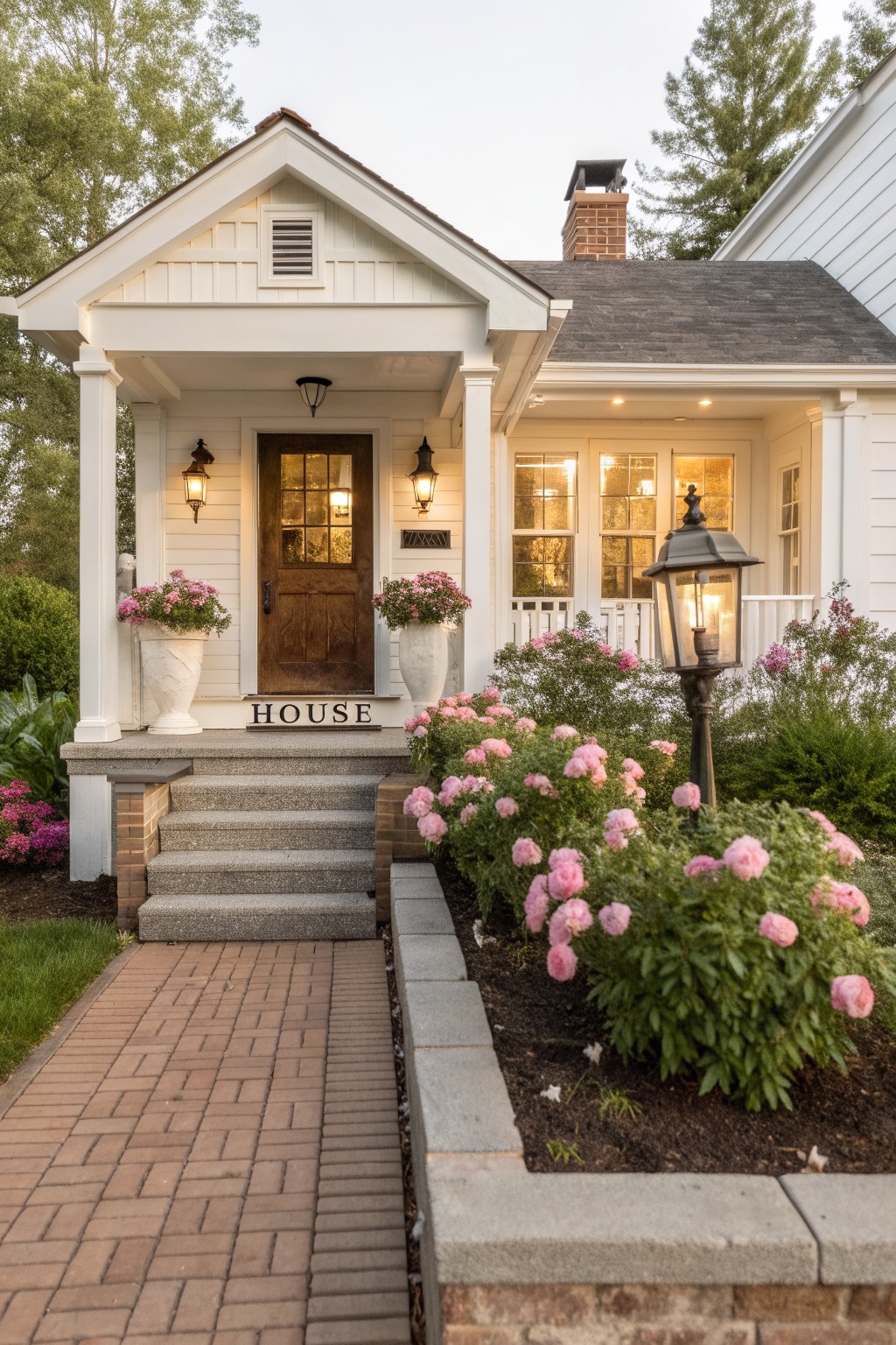 Small white clapboard house with covered front porch, wooden door, lantern lights, stone steps from brick walkway lined with stone-edged flower beds of pink peonies and green shrubs.