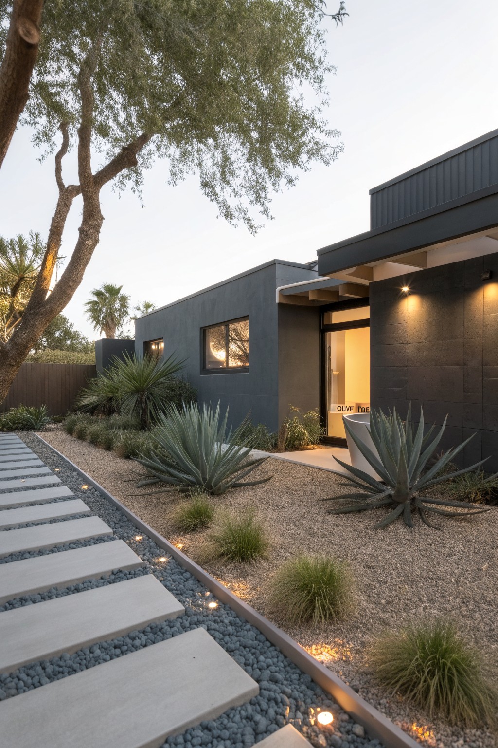 Modern dark stucco house exterior with glass entry door, front yard pathway of rectangular concrete stepping stones set in light gravel bordered by agave plants and grasses, path lights along edges, desert trees nearby.