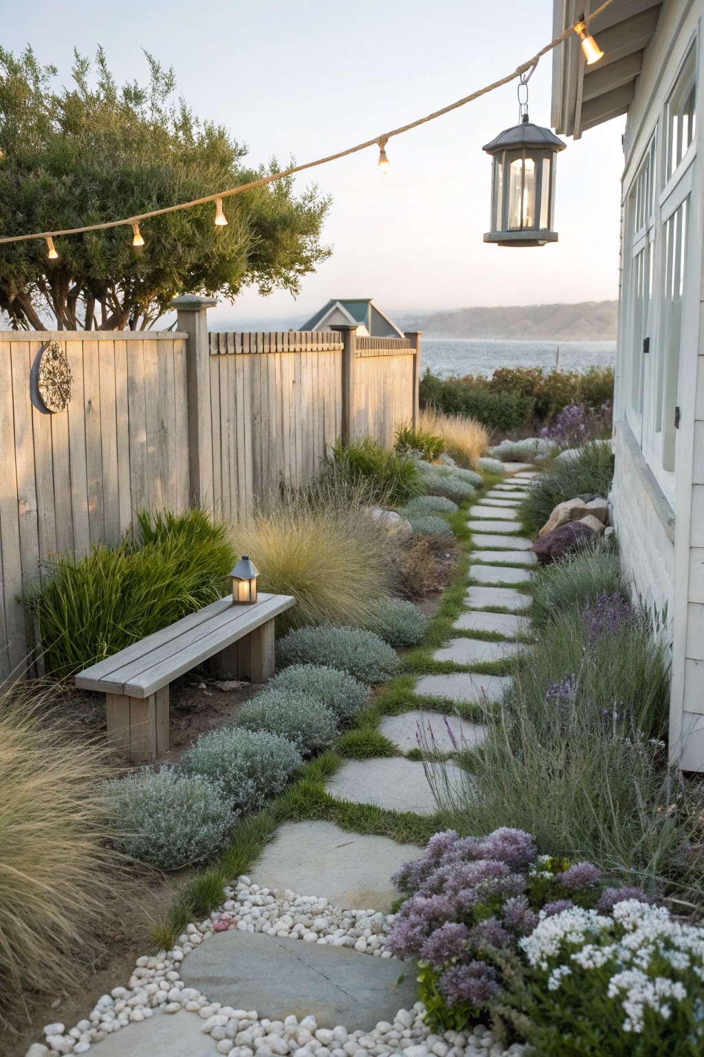 Garden path of irregular gray stone slabs winding through beds of ornamental grasses, lavender, succulents, and shrubs, flanked by a wooden bench and lanterns, next to a white house exterior and wooden fence with ocean view in the background.