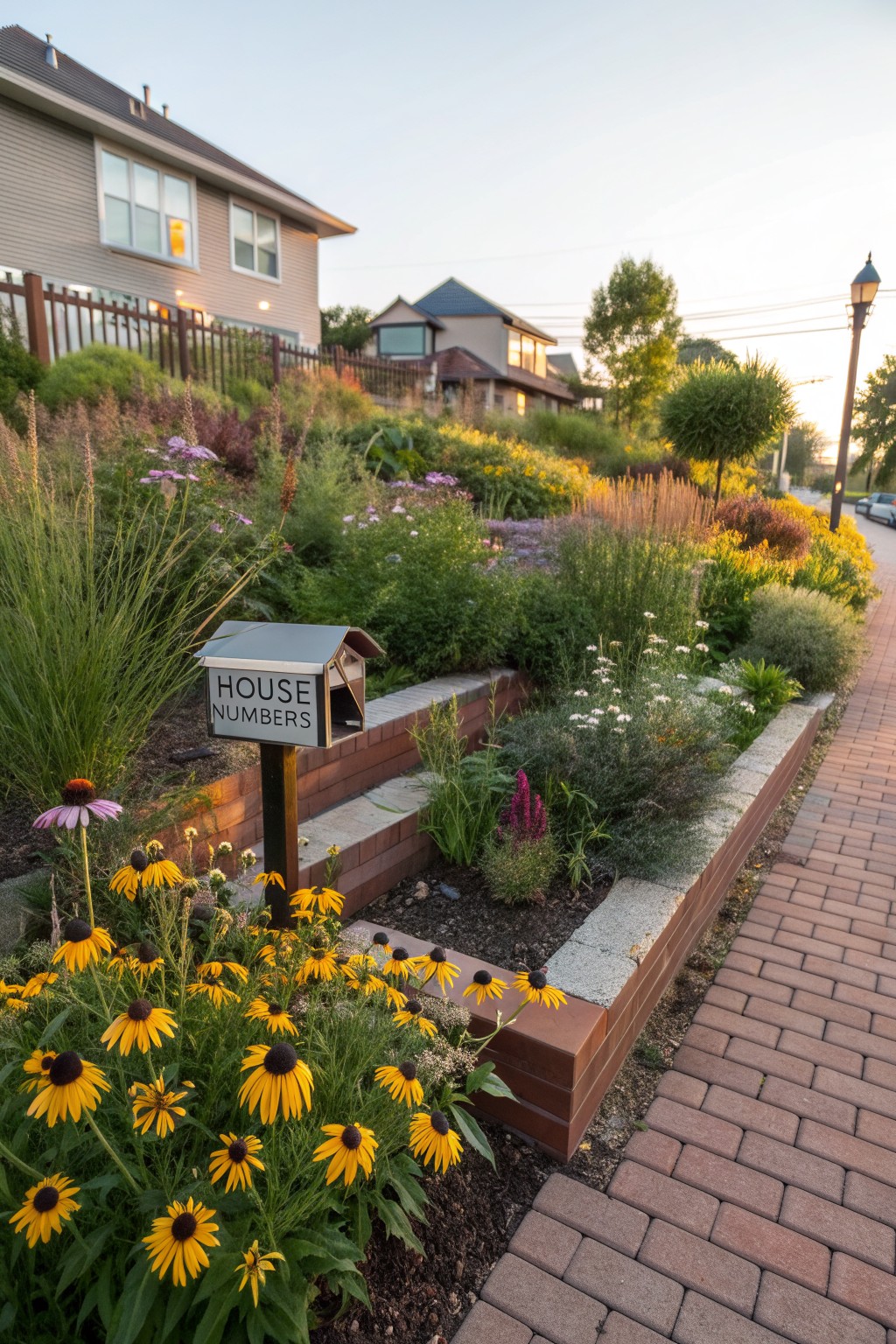 Sloped front yard with tiered raised flower beds edged in brick and stone, filled with colorful perennials including yellow black-eyed Susans and purple coneflowers, a brick pathway, and a metal house numbers mailbox on a post.