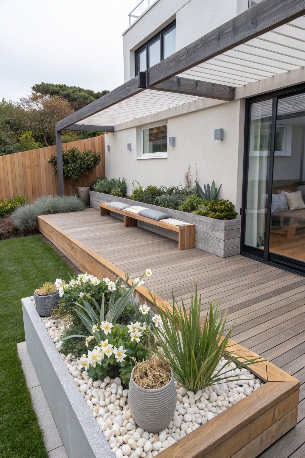 Elevated wooden deck attached to a modern white house with sliding glass doors and built-in bench, surrounded by raised concrete planters filled with succulents, grasses, daisies, and white pebbles, next to a green lawn and wooden fence.