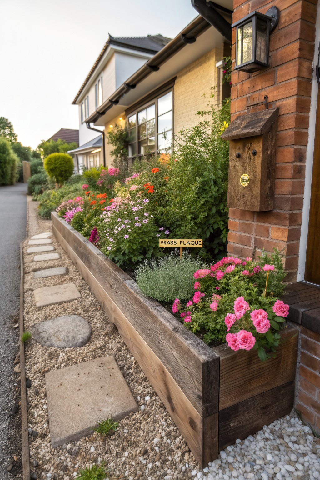 Brick house wall beside a gravel area with stone step path, wooden raised planter bed filled with pink roses and other flowers, birdhouse mounted on wall, and distant houses in background.