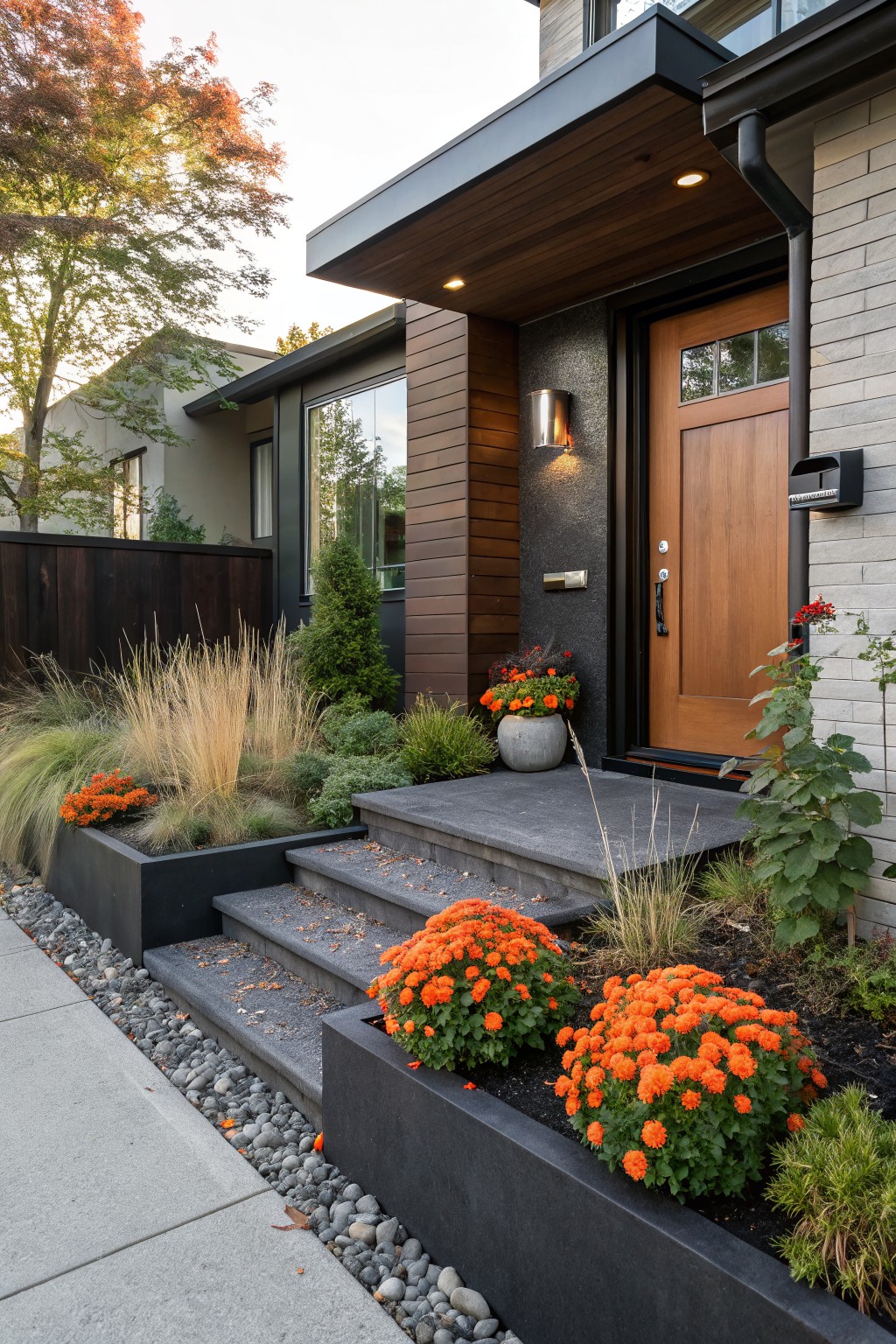 Modern house front entrance with gray stone steps leading to a wooden door under a covered porch, flanked by black raised rectangular planters filled with ornamental grasses and orange chrysanthemum flowers, gravel path, and surrounding shrubs and plants.