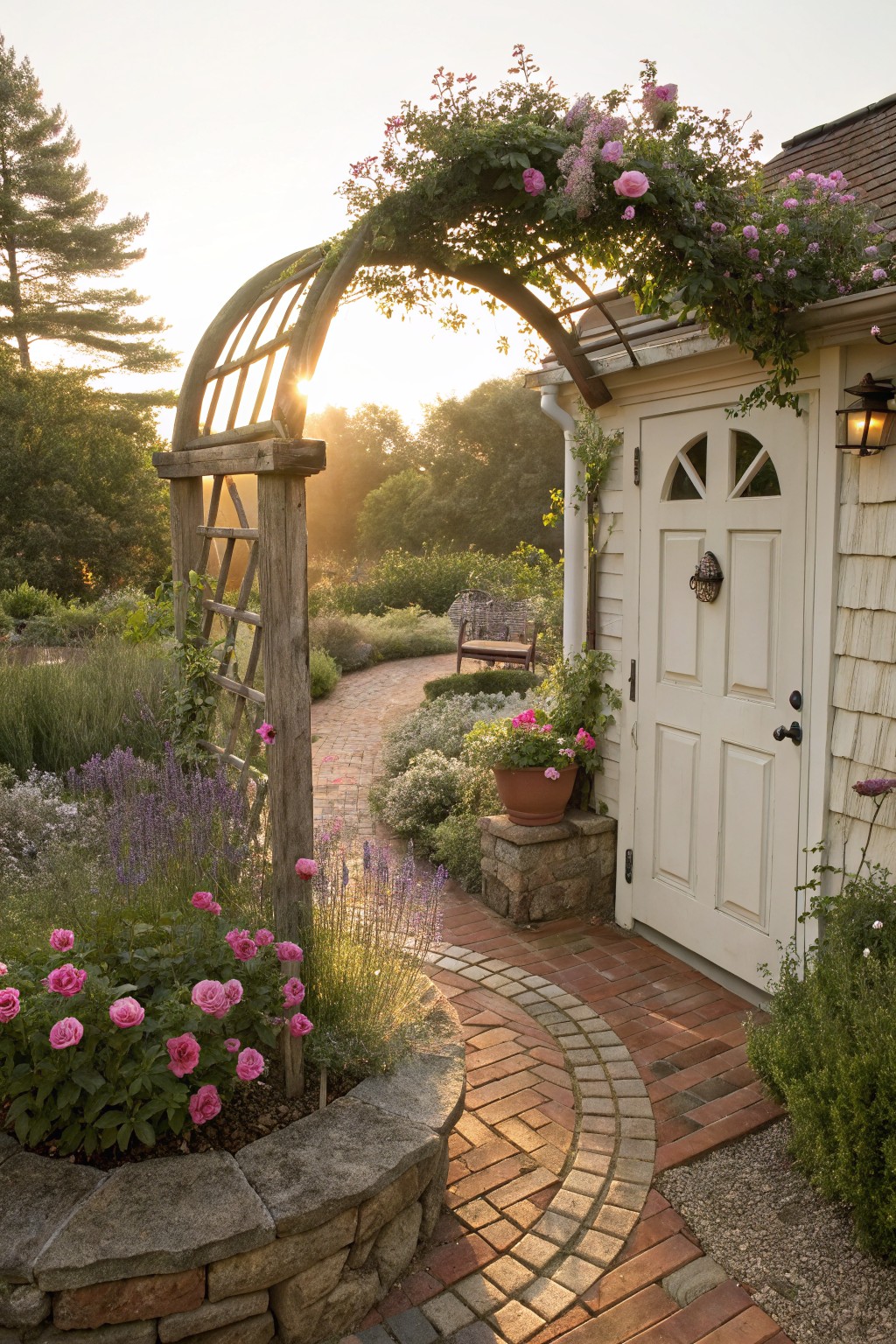 Wooden arched trellis covered in pink climbing roses above a curved red brick path edged by stone walls and flower beds with pink roses, lavender, and other plants, leading to a white paneled garden shed door with a lantern light.