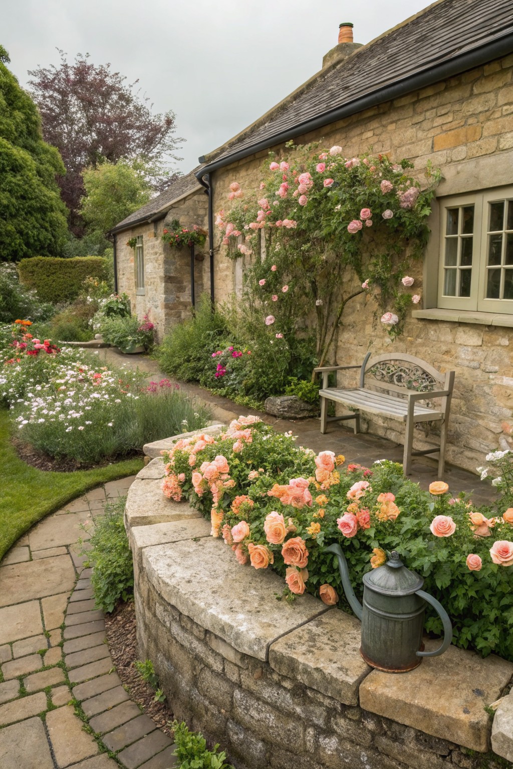Stone cottage exterior with climbing pink roses on walls, wooden bench against the house, curved low stone wall topped with overflowing peach roses and a green metal watering can, flower beds with various plants, and winding stone path.
