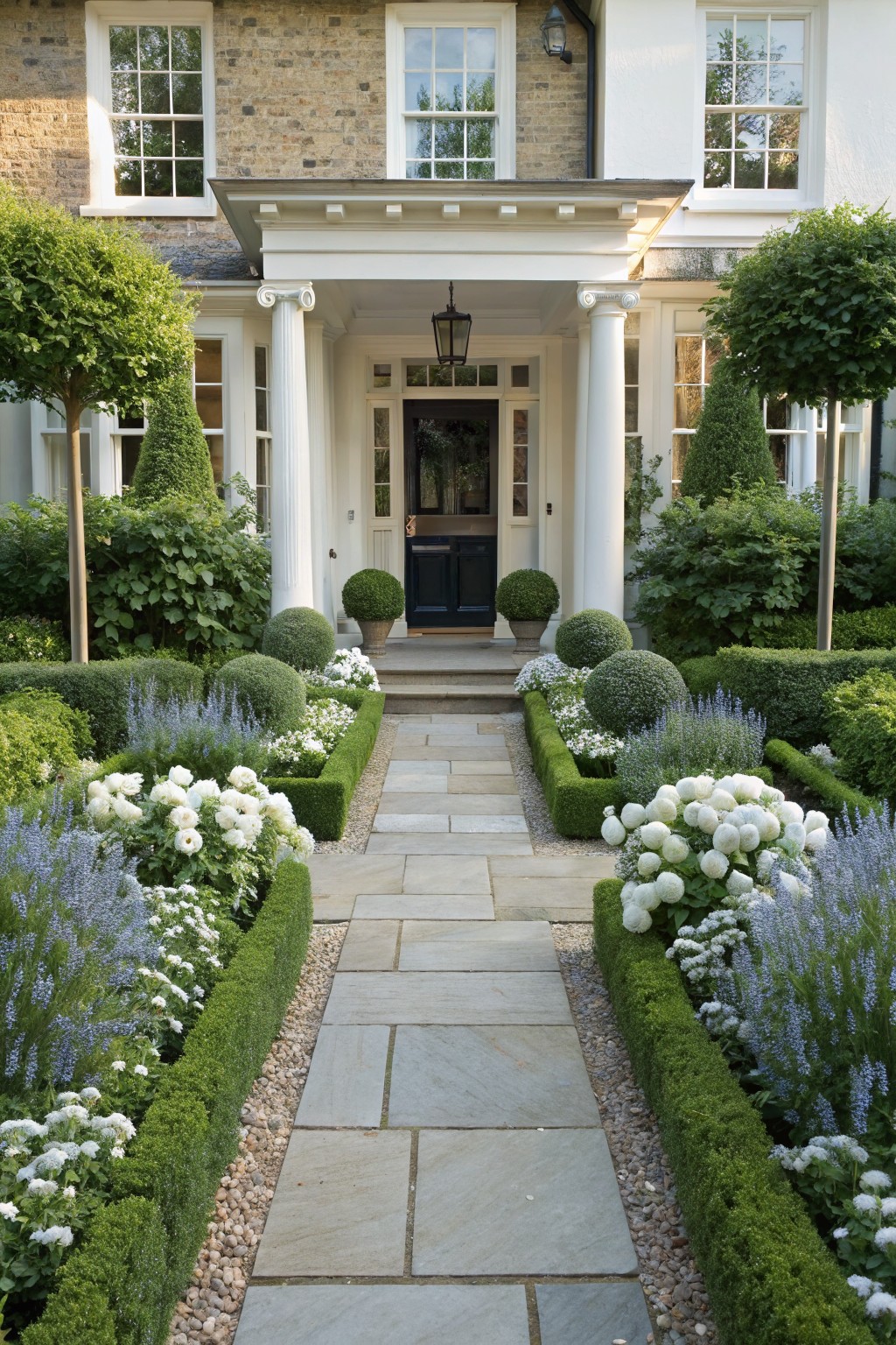 Brick and white Georgian house with columned porch and black front door, surrounded by manicured boxwood topiaries and hedges, white flowering plants, lavender, and a central flagstone pathway edged with gravel.