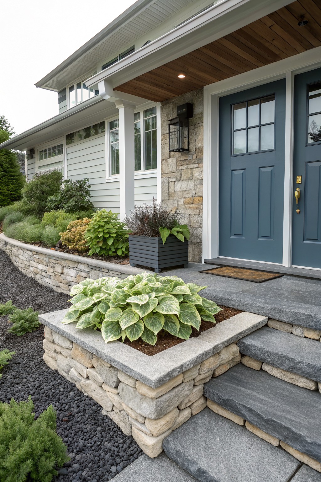 House front entrance with navy blue double doors under a wood-beamed overhang, flanked by stone retaining walls planted with hostas, shrubs, and gravel mulch, leading to slate steps.