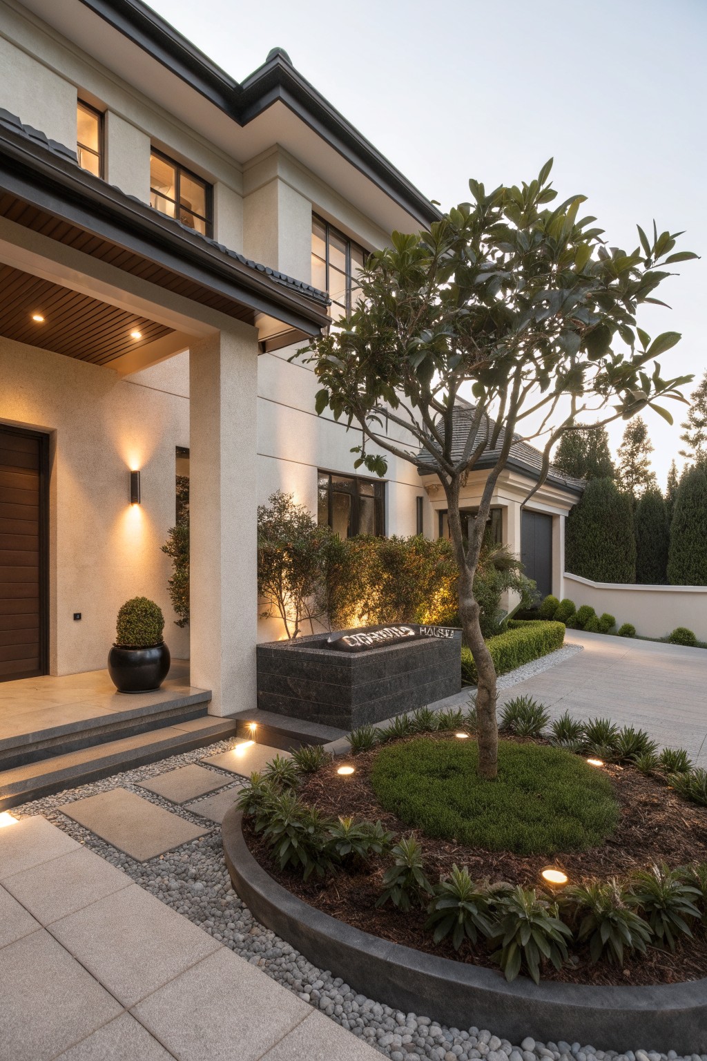 Contemporary house facade with beige walls and dark trim, featuring a front entrance, circular flower bed around a tree with low plants and uplights, stone fire feature, potted topiary, pathway, and driveway at dusk.