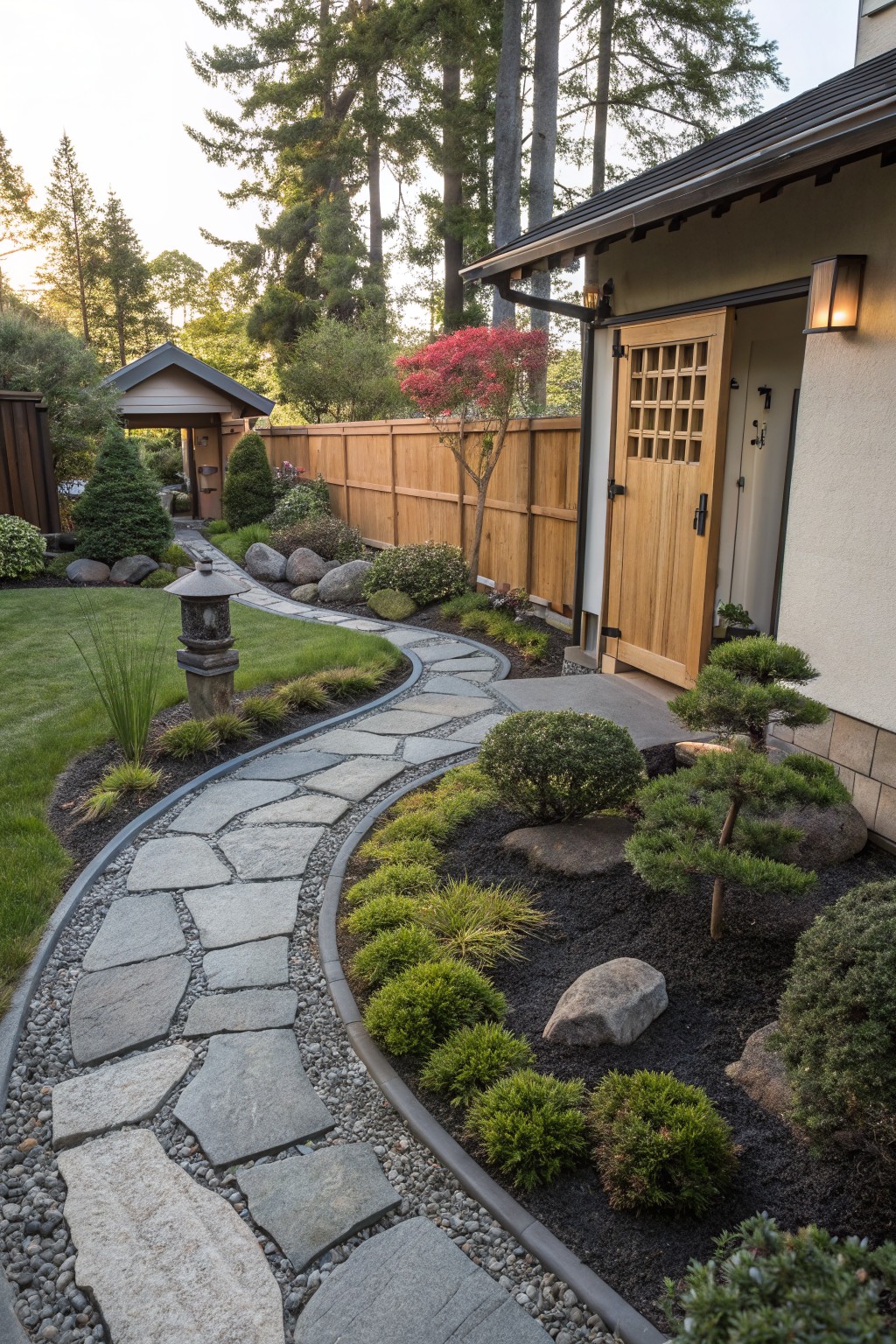 A curving path of irregular gray flagstone slabs winds through a front yard bordered by mulch, low green shrubs, grasses, bonsai trees, and rocks, leading to a wooden lattice door on a beige house exterior with a lantern light and fenced yard behind.