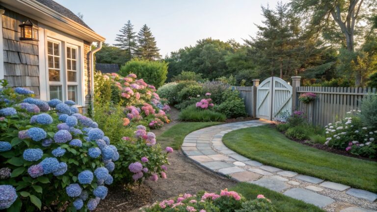 Winding flagstone path bordered by dense clusters of blue and pink hydrangea bushes along the side of a shingled house, with roses and green foliage nearby.