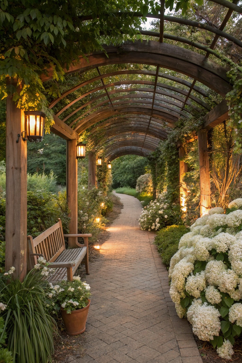 Garden Paths Bordered by Lush Hydrangeas
