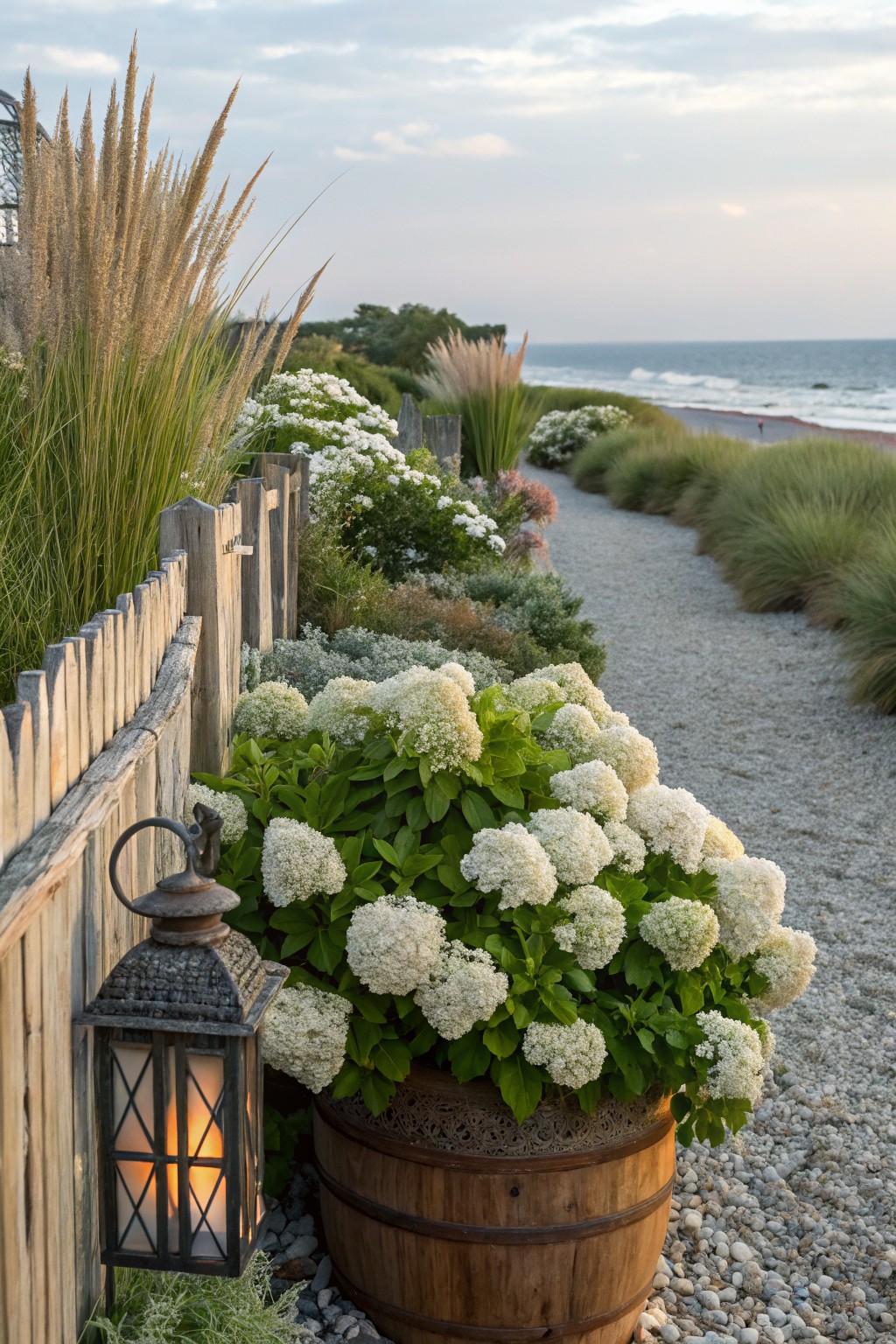 Gravel pathway lined with tall ornamental grasses, white hydrangea shrubs, and a large white hydrangea bush in a wooden barrel planter next to a lit metal lantern, bordered by a weathered wooden picket fence with ocean dunes in the background.