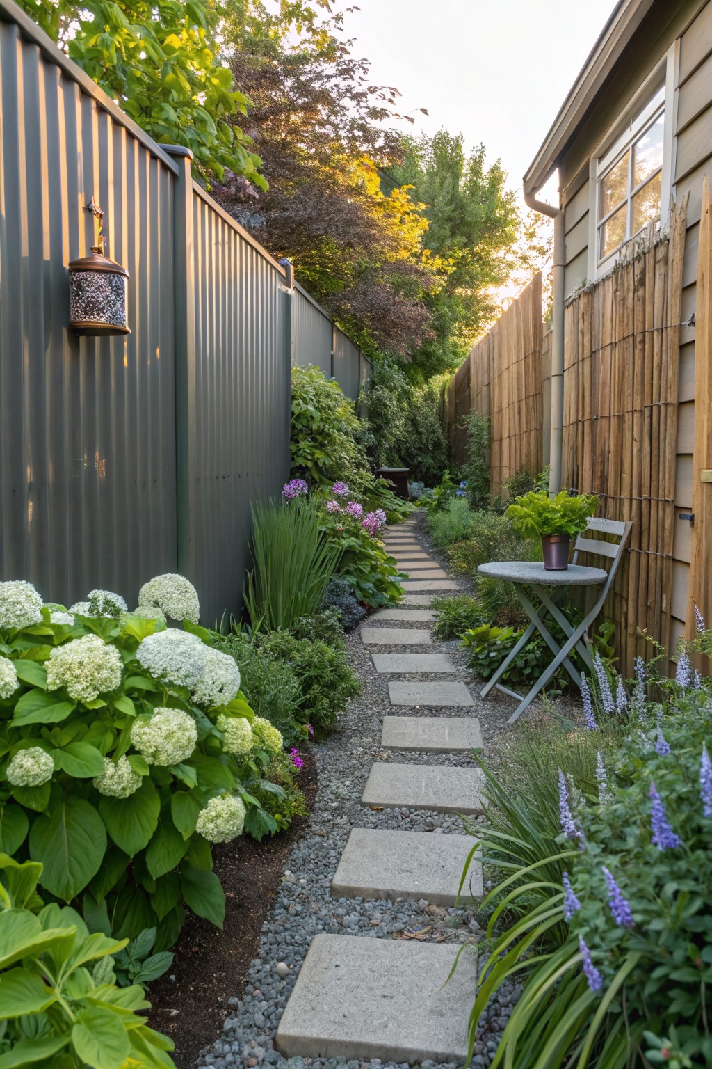 Narrow garden path with gray concrete stepping stones lined by large white hydrangea bushes, pink-purple flowers, ferns, grasses, and hostas between a dark metal fence and bamboo fence, with a small round metal table, potted plant, and folding chair beside the house wall.
