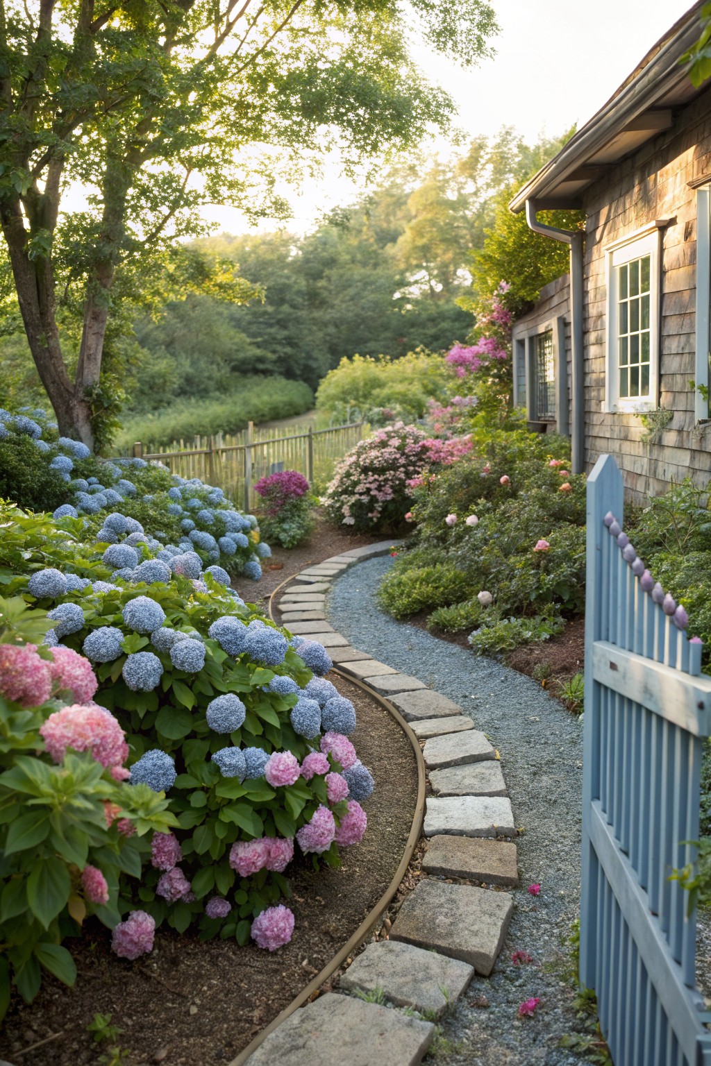Winding flagstone path bordered by dense clusters of blue and pink hydrangea bushes along the side of a shingled house, with roses and green foliage nearby.