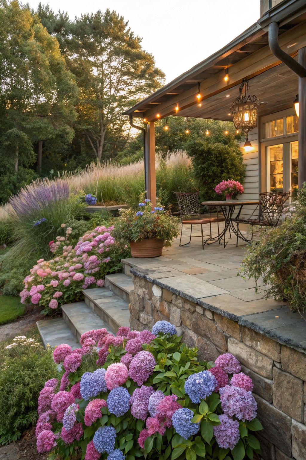 Stone porch with metal table and chairs under a covered wooden roof strung with lights, bordered by dense pink and blue hydrangea plantings along steps and retaining walls, with ornamental grasses and trees in the background.