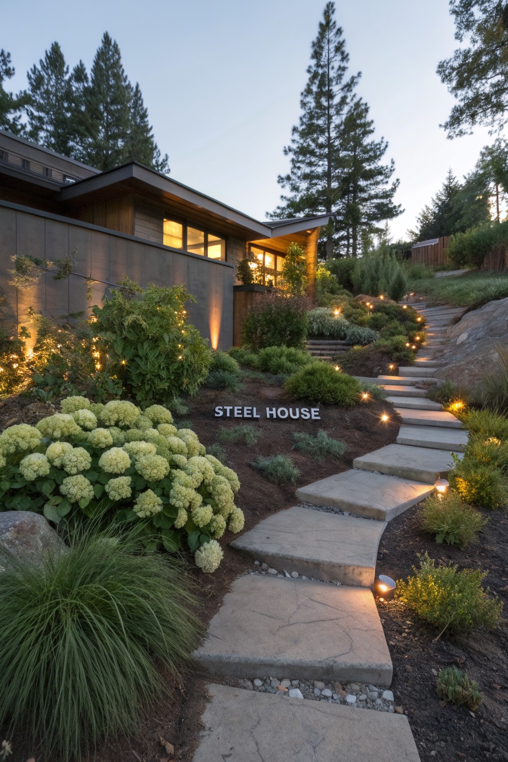 Modern steel house on a rocky hillside at dusk with a winding concrete stone pathway bordered by white hydrangea blooms, ornamental grasses, path lights, and surrounding trees.