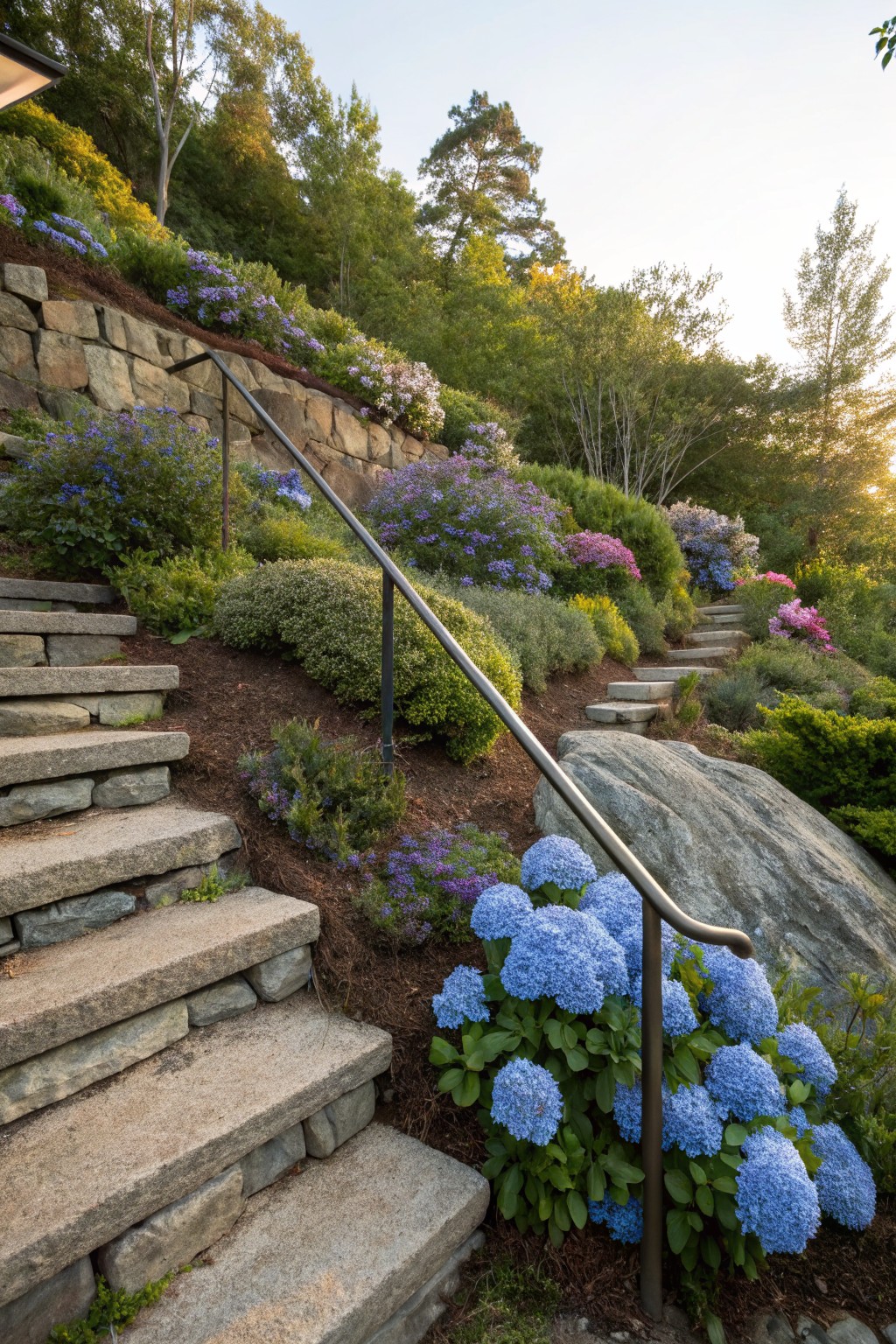 Stone steps ascending a hillside garden, bordered by clusters of blue hydrangeas, purple and pink flowers, green shrubs, and boulders, with black metal railings on one side.