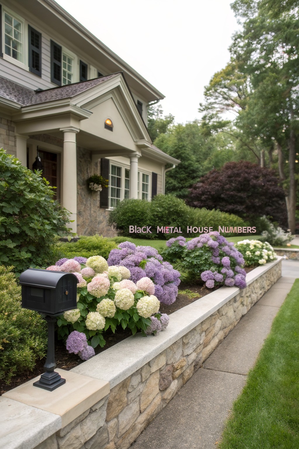 Low stone retaining wall lined with blooming pink, white, and purple hydrangea bushes next to a black metal mailbox and paved walkway, with a beige colonial-style house and trees in the background.