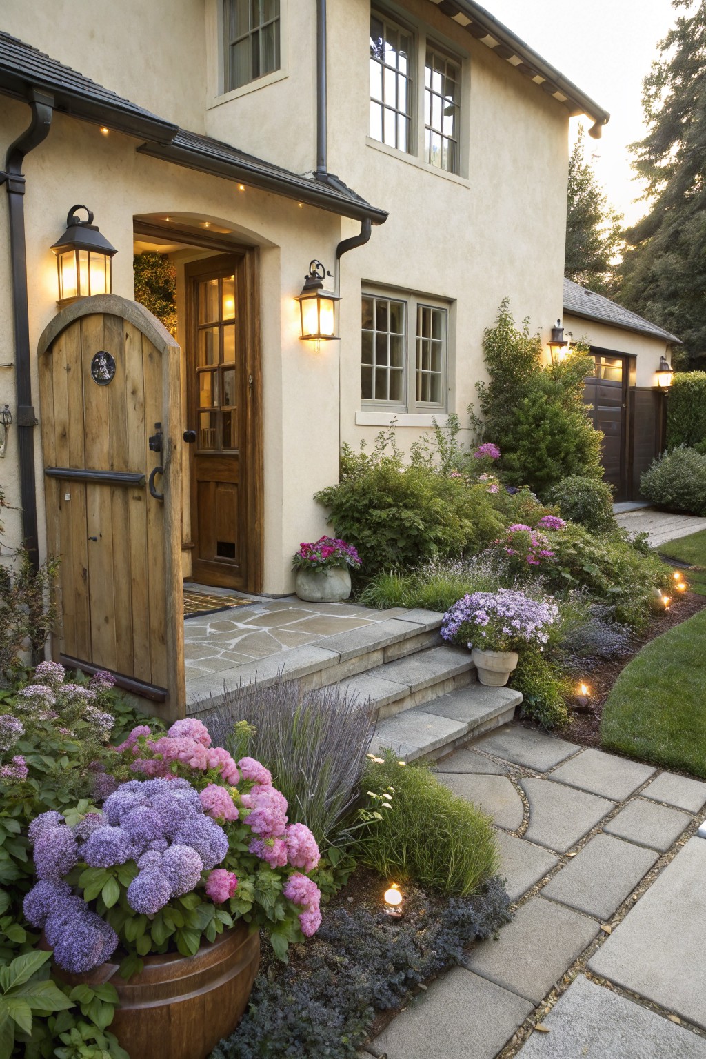 Beige stucco house exterior with arched wooden front door, wooden barrel planter filled with purple and pink hydrangeas, garden beds with flowers and shrubs along stone entry steps and path, landscape lighting, and greenery.