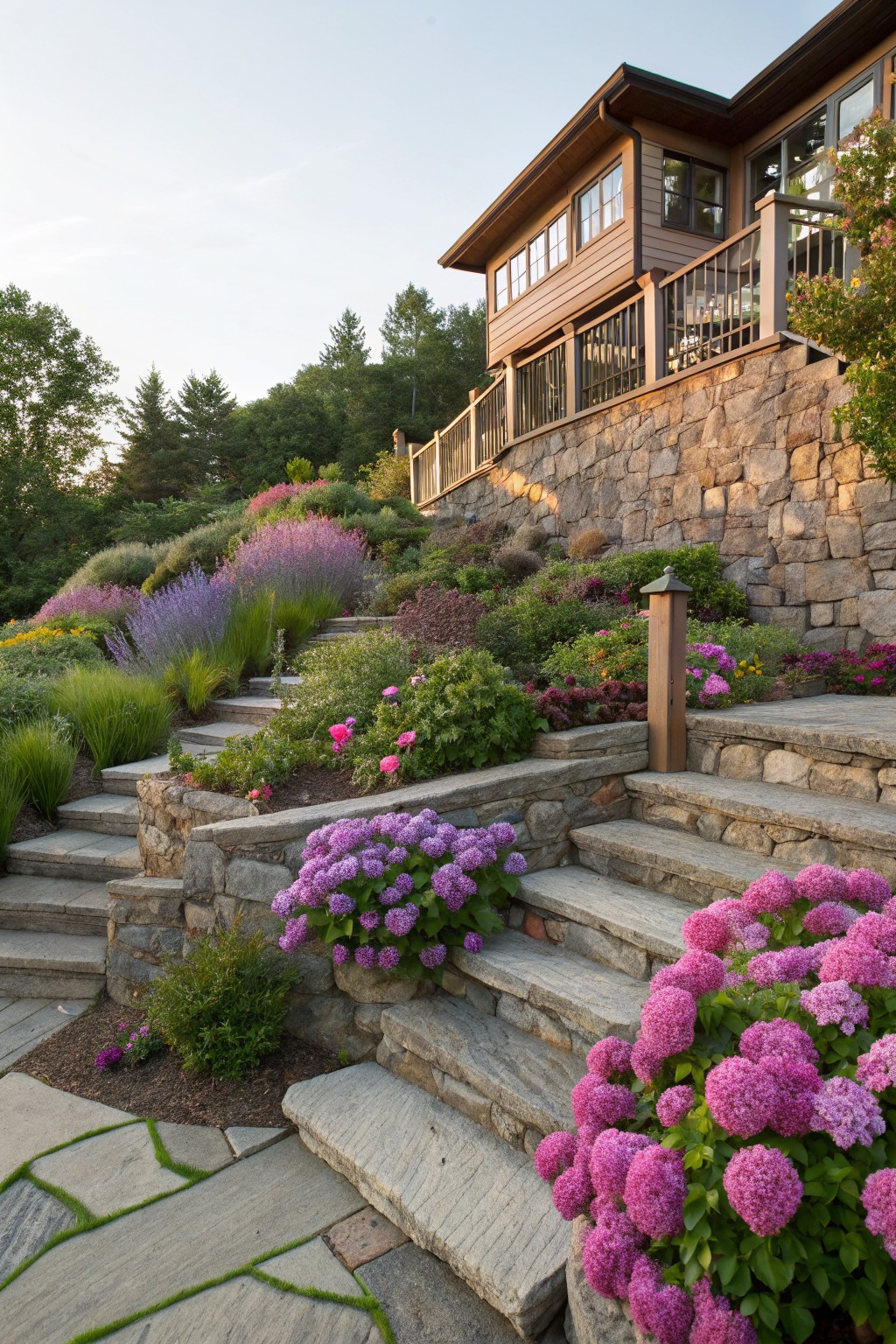 Stone stairs winding up a hillside garden toward a wood-sided house, bordered by clusters of pink hydrangea blooms, lavender plants, grasses, and stone retaining walls amid trees.