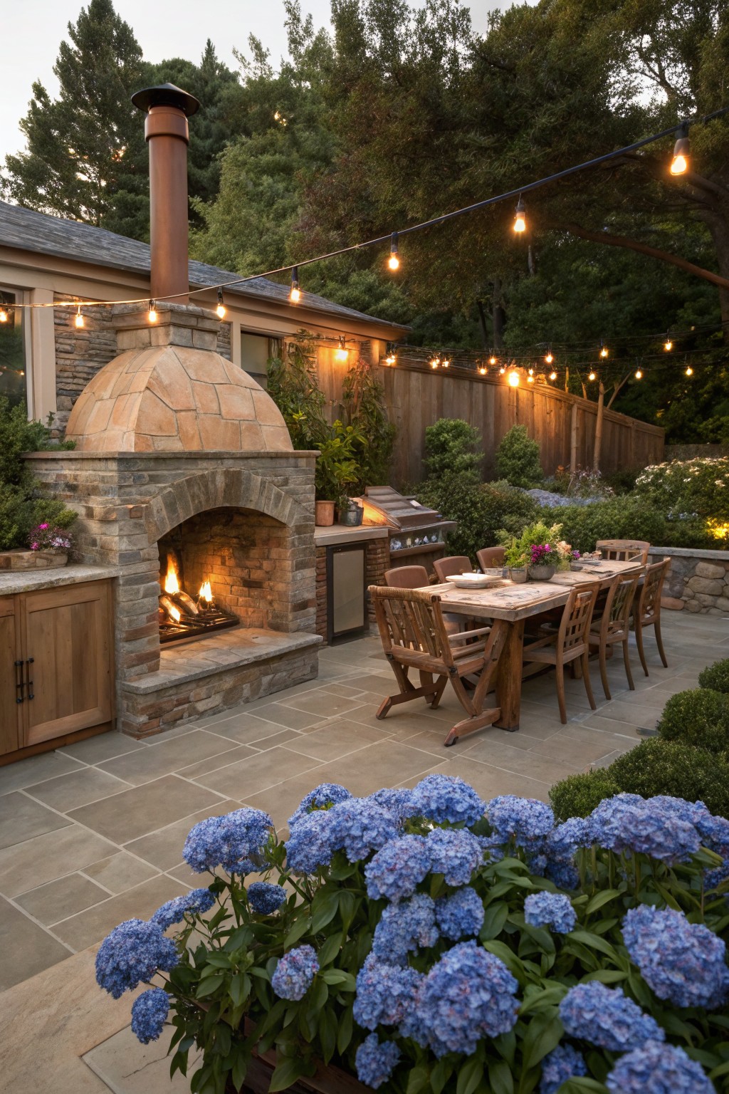 Stone patio in a backyard with a brick fireplace, wood-fired oven, built-in grill, wooden dining table and chairs, surrounded by greenery, blue hydrangea blooms in foreground, and string lights overhead.