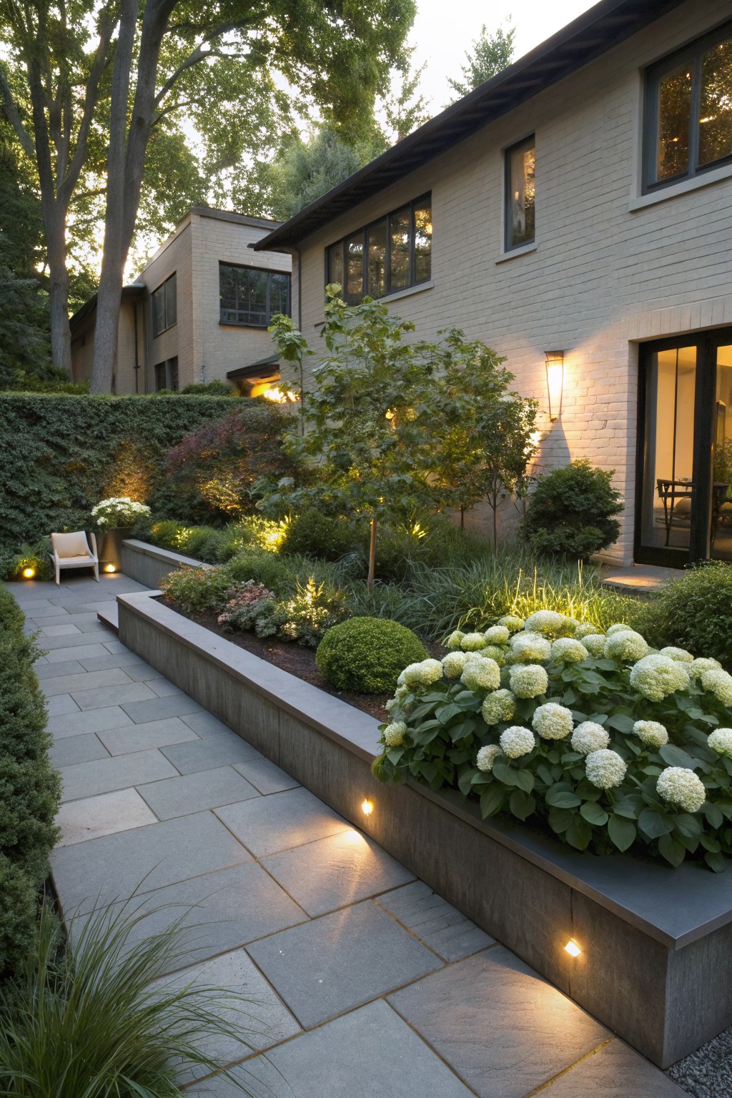 Gray stone paver pathway bordered by a raised concrete planter overflowing with white hydrangea blooms and greenery, with recessed lighting along the edge next to a brick house exterior.