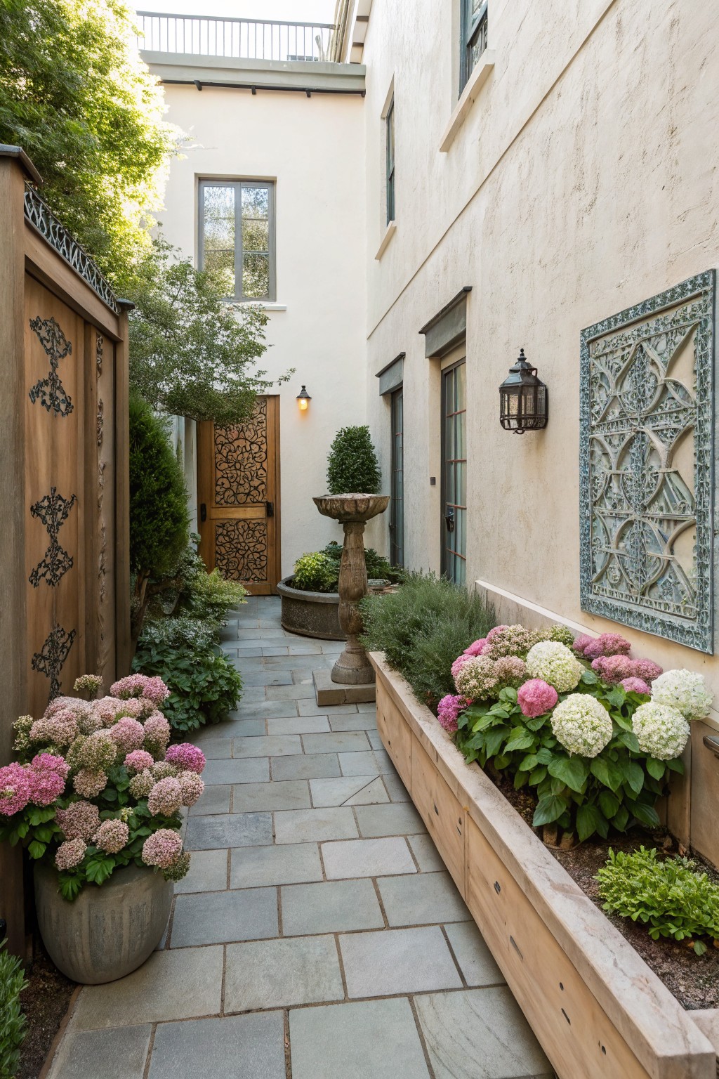 Narrow outdoor pathway of gray stone pavers lined on one side by a long raised wooden planter box filled with pink and white hydrangea blooms and green plants, with additional potted hydrangeas, a stone birdbath fountain, wooden fence, carved door, and stucco walls.