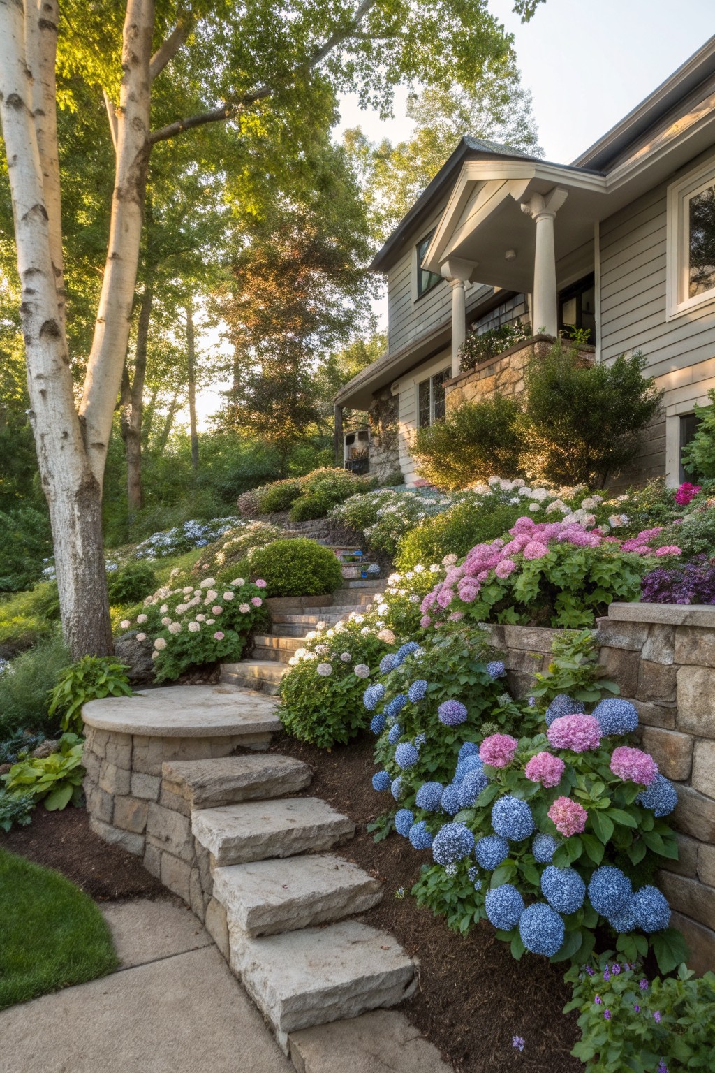 Sloped stone steps and retaining walls edged with lush pink, blue, and white hydrangea plantings leading up to a gray-shingled house under birch trees.
