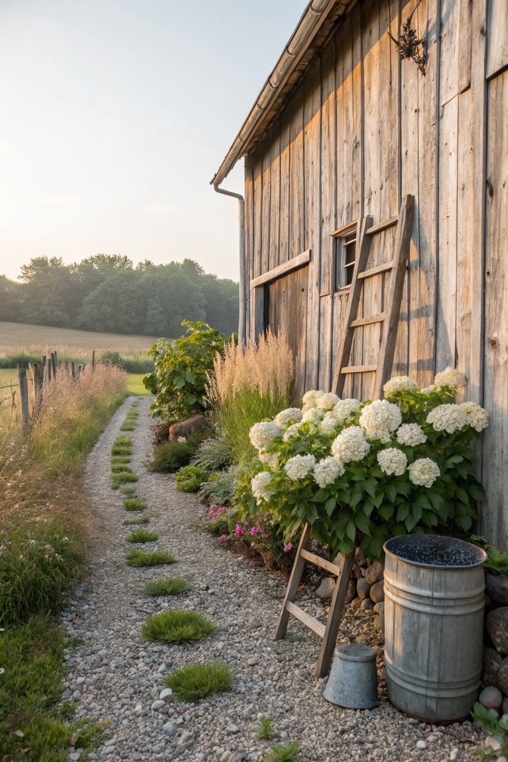 Rustic wooden barn wall lined with large blooming white hydrangea bushes, ornamental grasses, pink flowers, a wooden ladder, metal buckets, and a gravel path edged with plants.