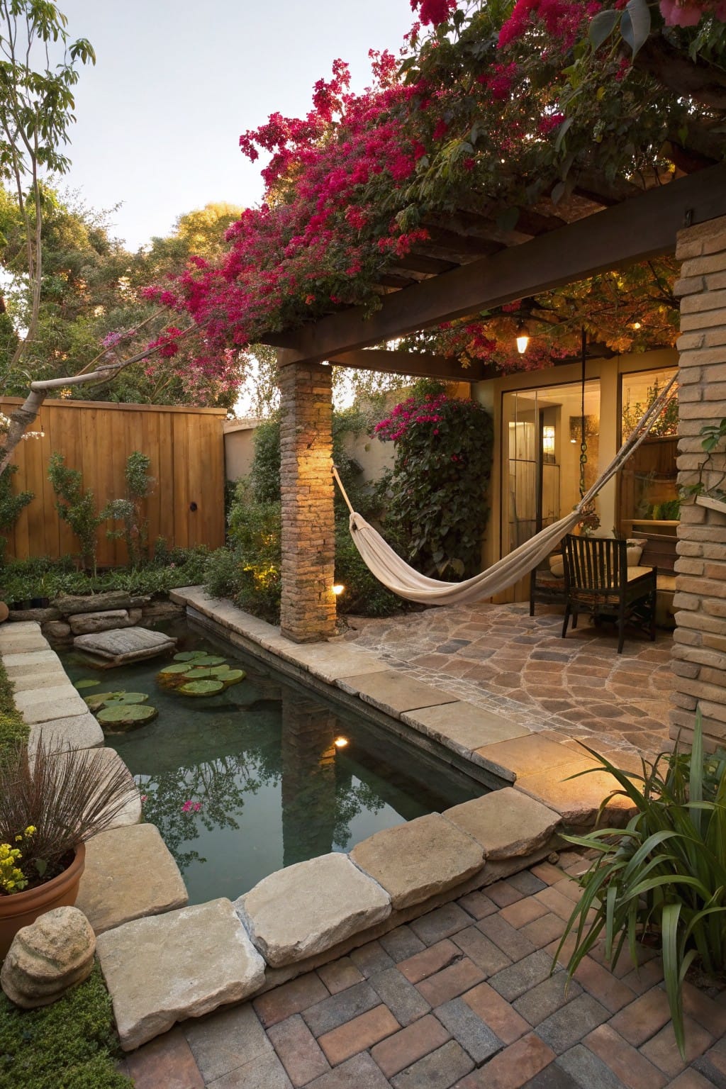 Rectangular stone-lined pond with lily pads in a backyard patio, next to a white hammock, wooden chair, potted plants, and bougainvillea-covered pergola beside a beige stucco house wall.