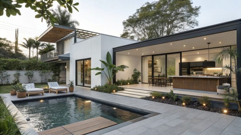 White modern two-story house with glass balcony and doors overlooking a rectangular dark-water pool, grey tiled pool edge, tropical plants in beds and pots, wooden pergola with outdoor seating, and palm trees nearby.