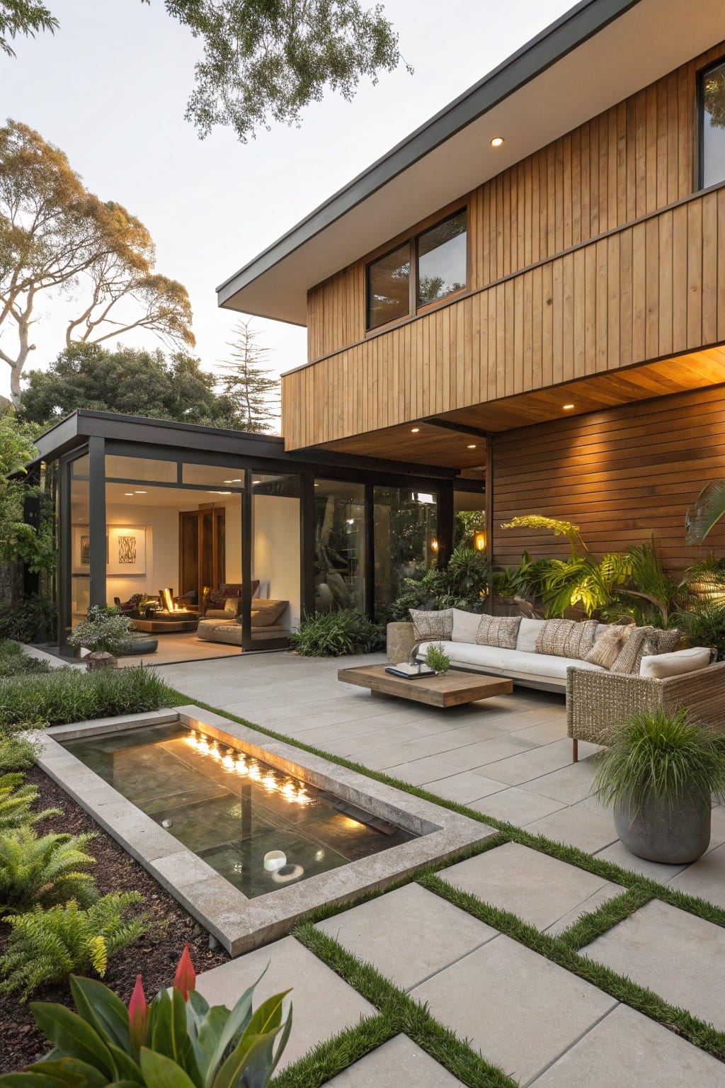 Modern house with vertical wooden cladding and glass walls opening to a paved patio with a rectangular sunken fire pit surrounded by tropical plants, potted greenery, and white outdoor sofa.