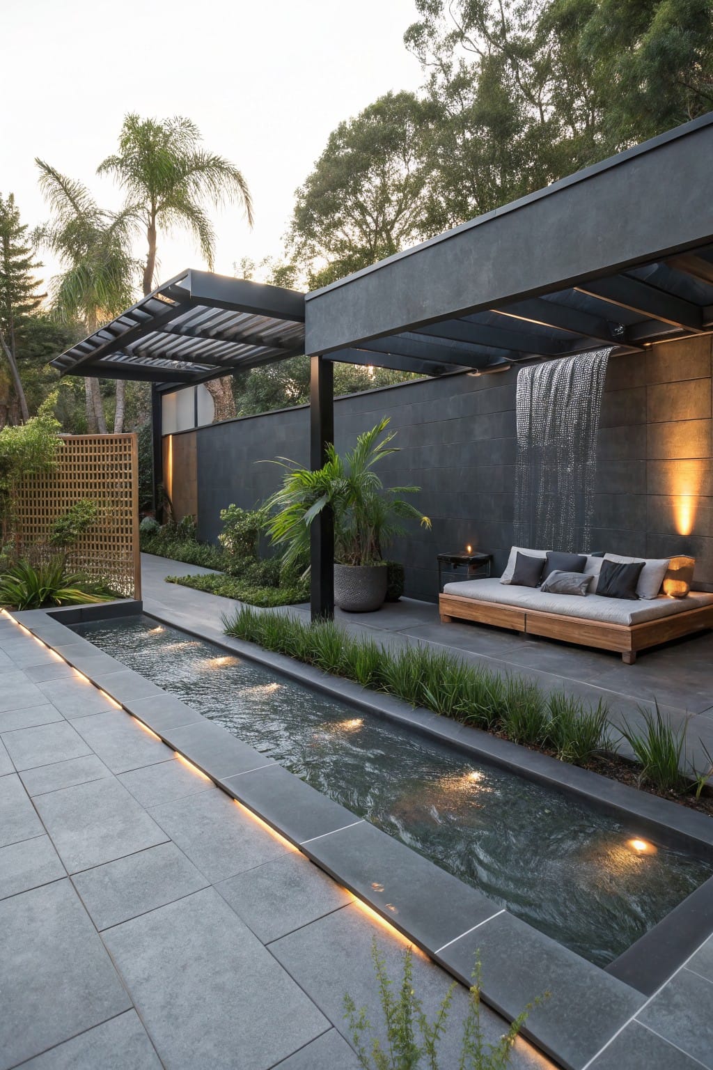 Dark stone wall with cascading waterfall flowing into a linear water channel parallel to a paved pathway lined with plants, leading to an outdoor seating area under a pergola in a tropical backyard.