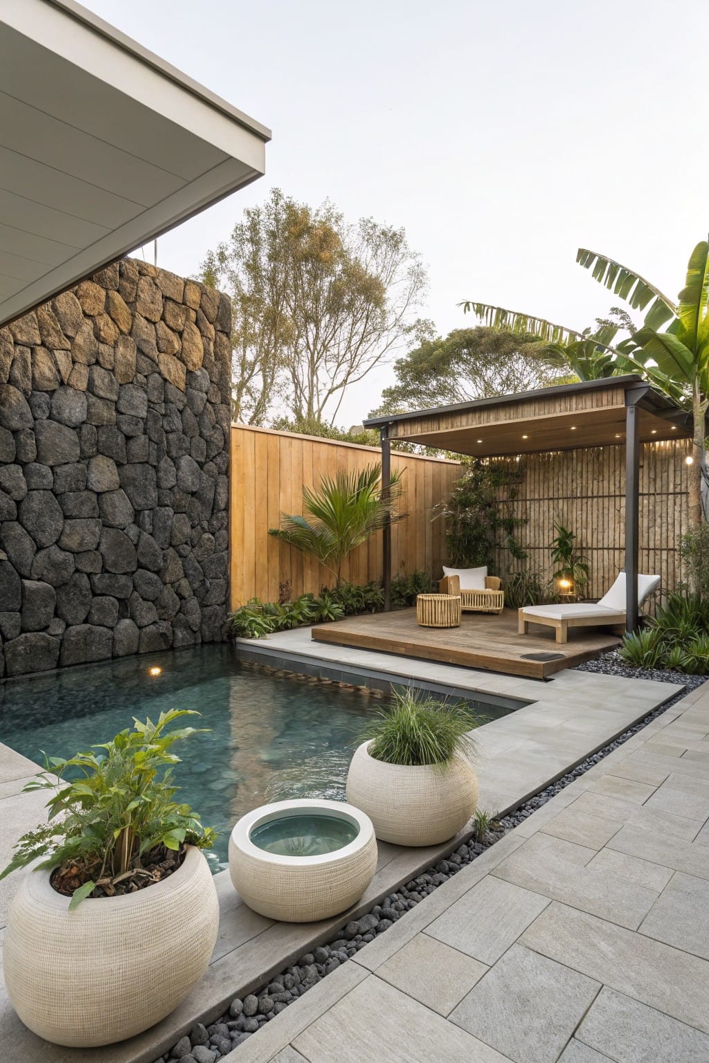 A small rectangular plunge pool in a modern backyard, edged with three large white pots containing green plants, adjacent to a basalt stone wall, timber deck with white loungers, tropical foliage, and a covered pergola structure.