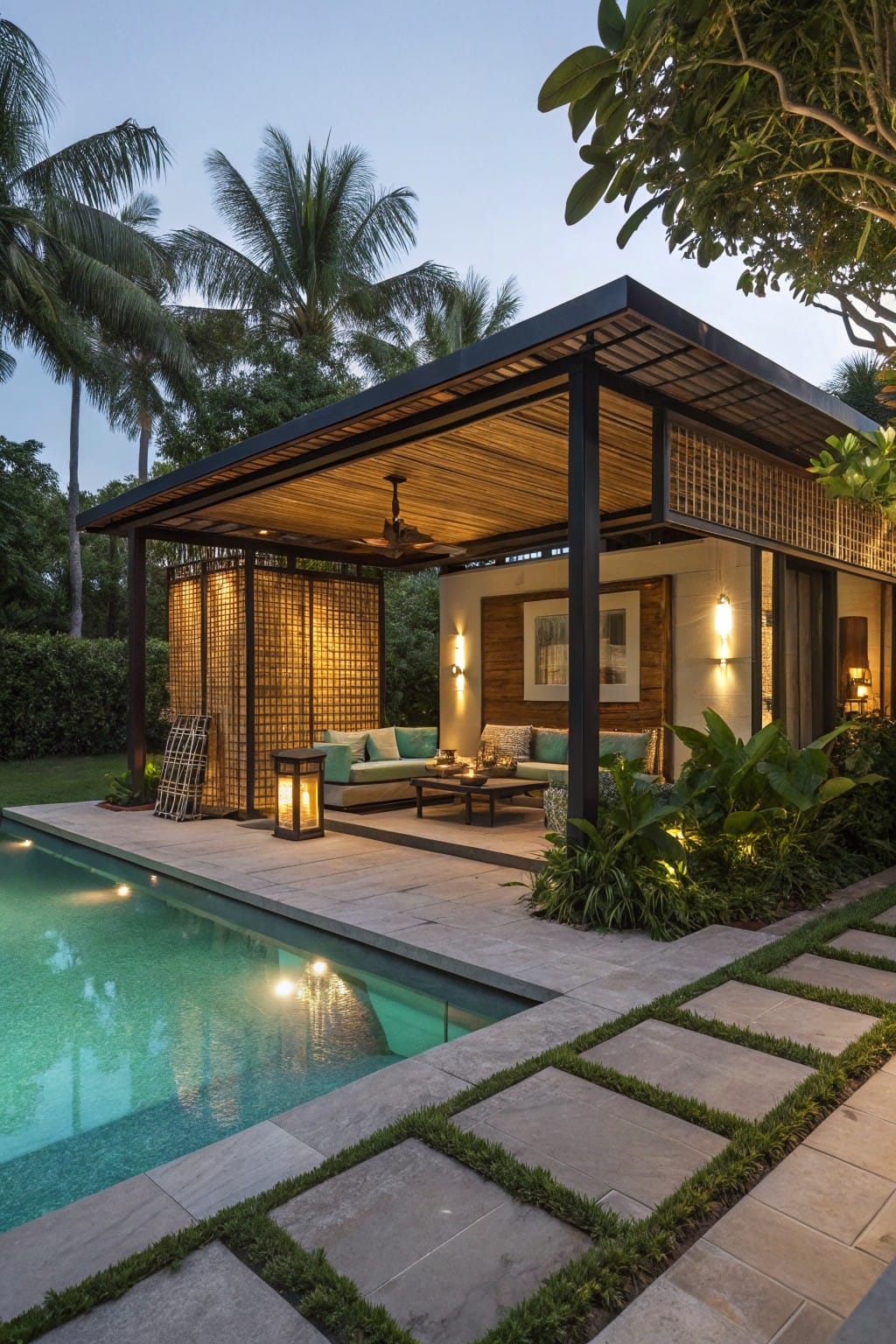Black metal pavilion with bamboo screens, wooden ceiling, and ceiling fan beside a lit pool in a tropical garden at dusk, with cushioned seating, lanterns, and lush plants.