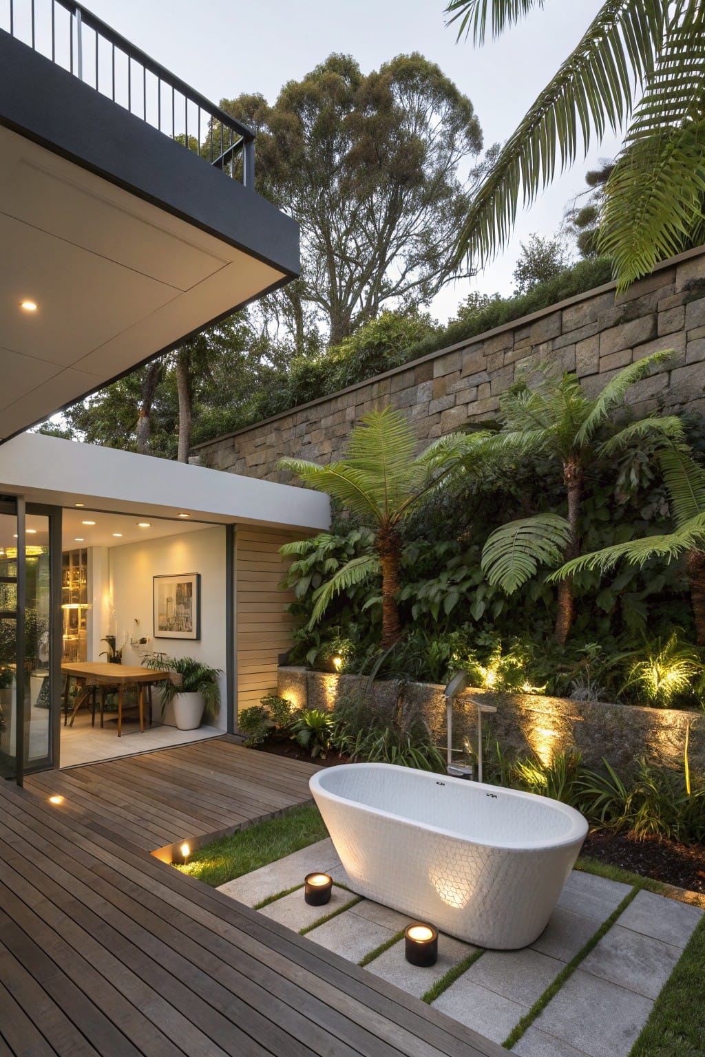 Freestanding white bathtub on stone pavers in a backyard deck area surrounded by tree ferns, palms, and other tropical plants against a stone wall, with wooden decking, ground lights, and glass doors nearby.