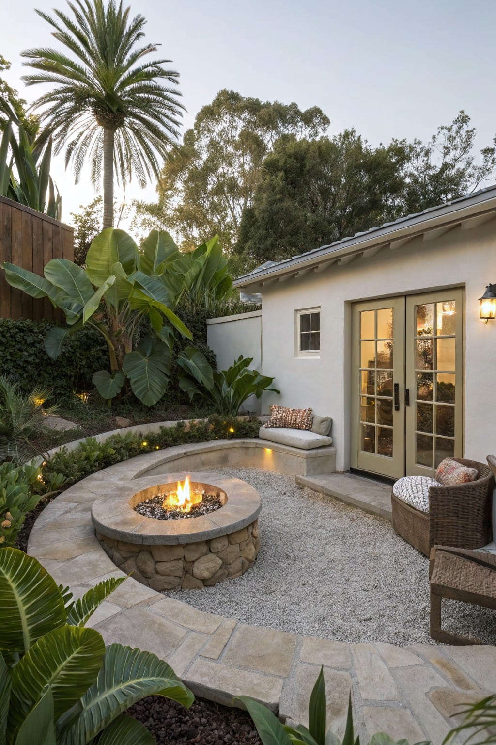 Backyard patio with circular pebble area and central stone fire pit, edged by curved light stone pavers, surrounded by lush tropical plants including palms and banana leaves, next to a white stucco building with glass French doors, built-in bench, chairs, and wall lighting.