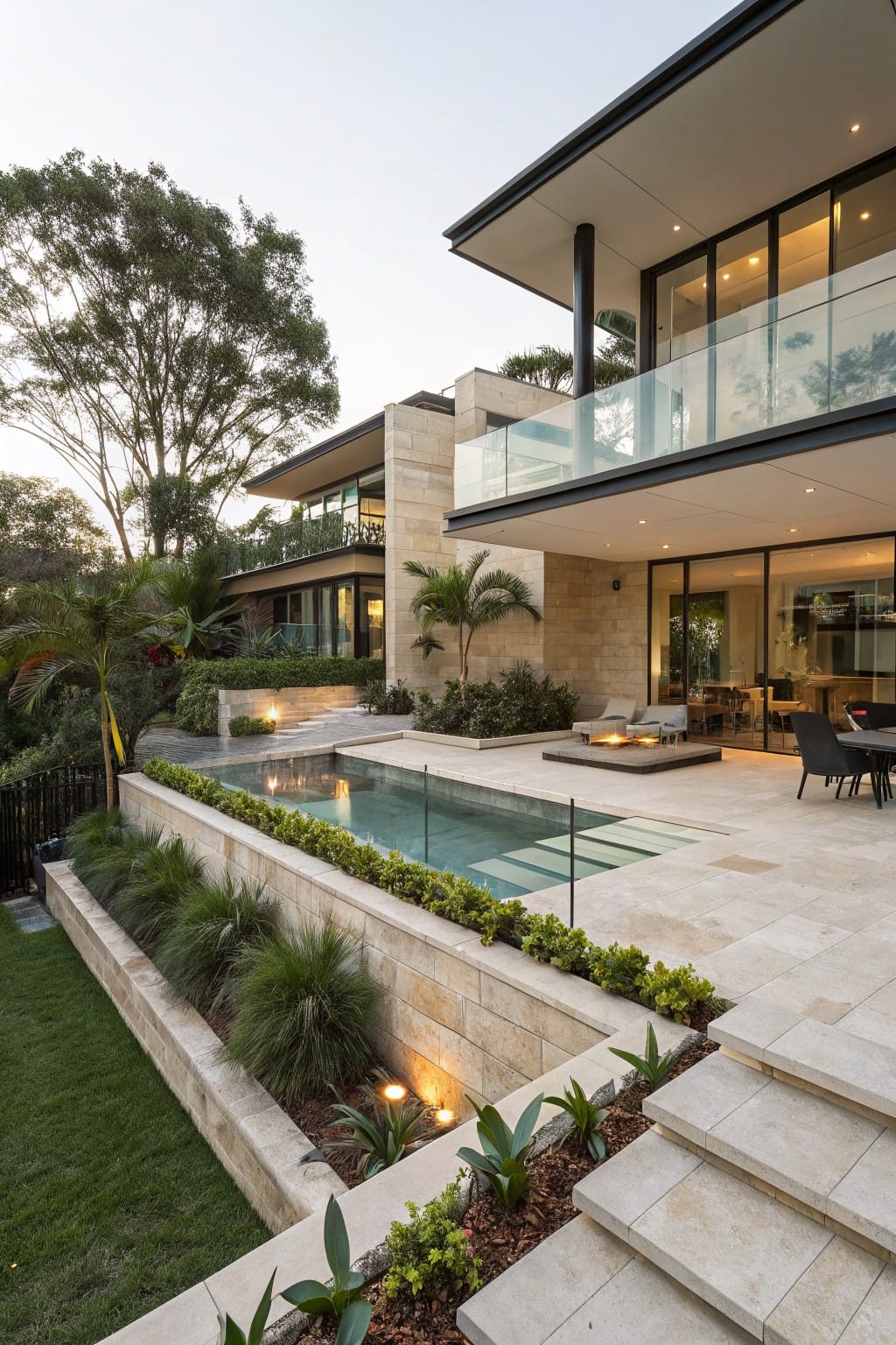 Two-story modern house with stone and glass features overlooking a terraced stone patio with infinity-edge pool, glass balustrades, tropical plants in raised beds, steps, and lawn on a slope.