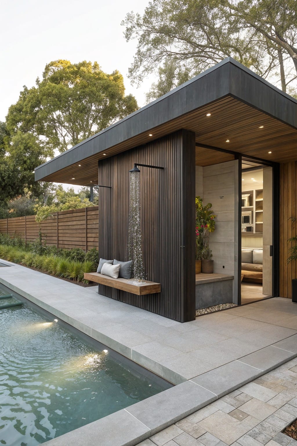 Modern outdoor shower enclosure with vertical wood slats, rainfall showerhead, built-in bench, and glass door next to a rectangular pool with underwater lights and surrounding plants.