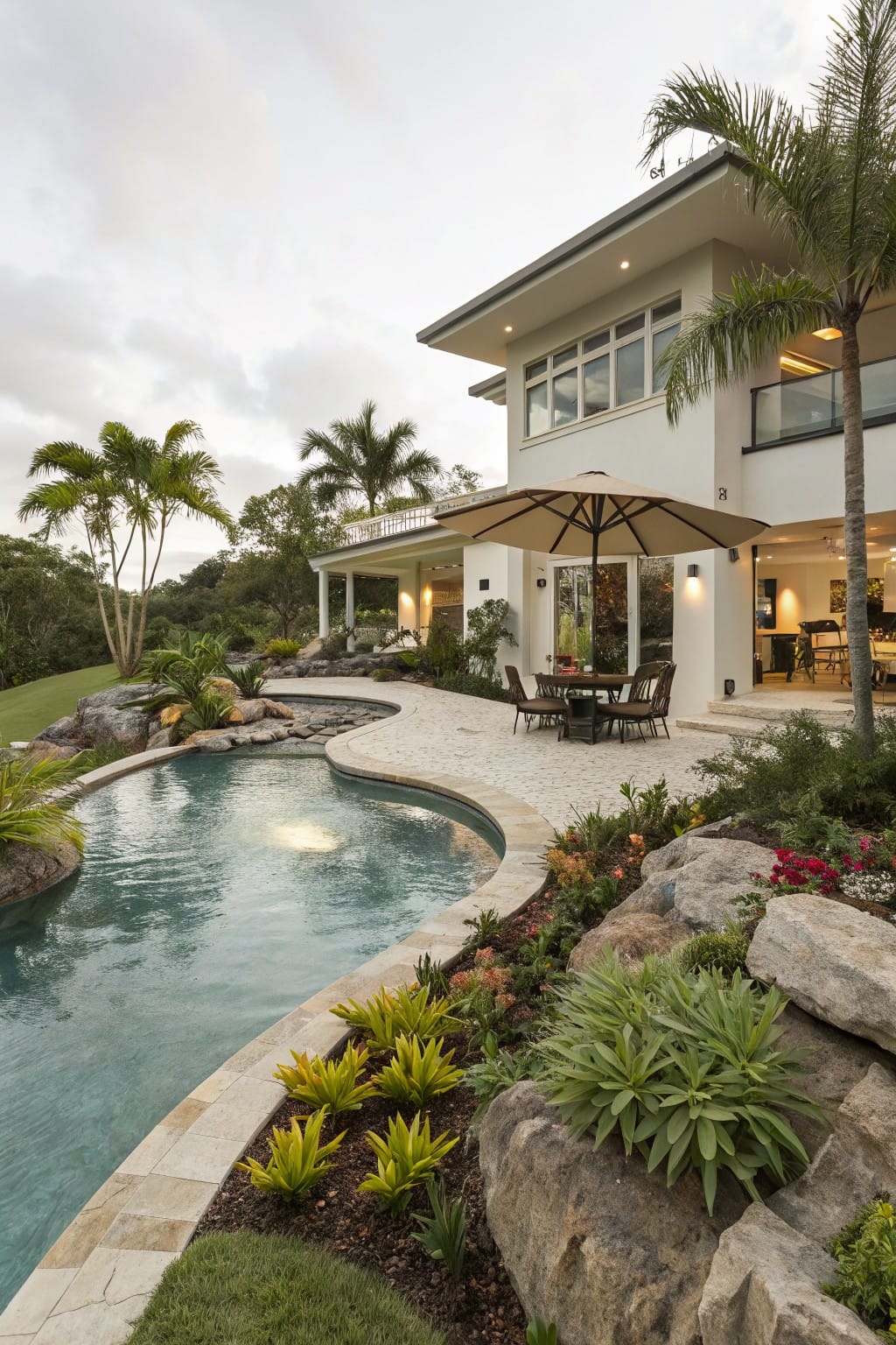 Modern white house exterior with large glass windows and a curved turquoise infinity pool edged by large boulders, tropical plants, palm trees, and an outdoor seating area under a beige umbrella on a light stone patio.