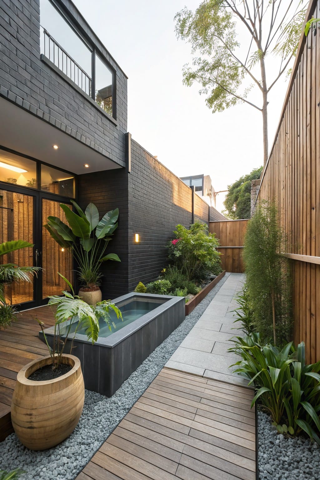 Modern black brick house exterior with glass entry doors, wooden deck pathway through gravel and lush tropical plants leading to a rectangular black stone water feature edged with greenery, beside a bamboo fence.