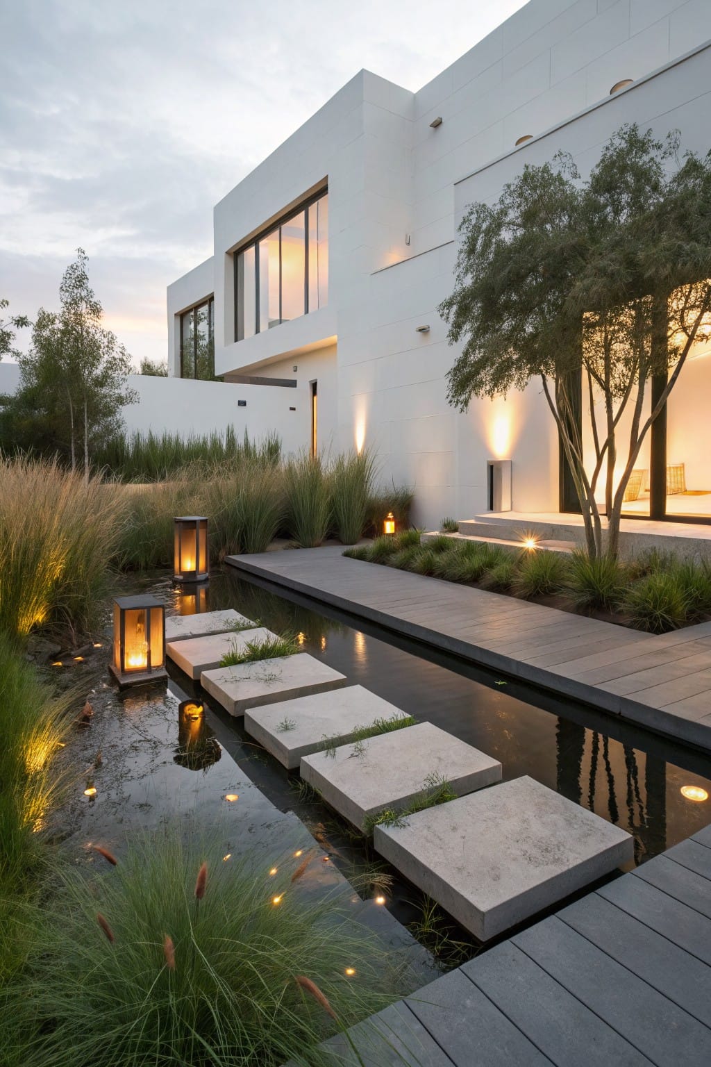 White modern house with large windows beside a narrow rectangular pond crossed by square stone stepping stones, flanked by tall grasses, lanterns, and wooden deck pathways at dusk.