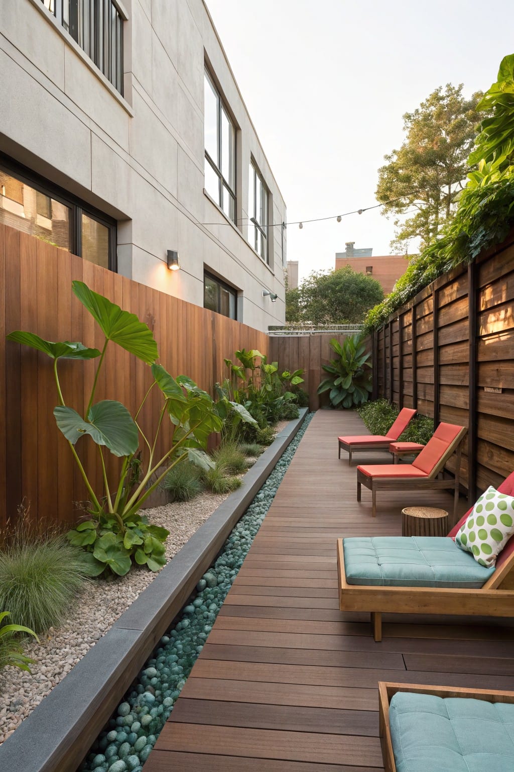 Narrow backyard passageway featuring a wooden deck path bordered by a pebble-lined planting bed with large tropical plants like elephant ears, red lounge chairs at the end, wooden fence on one side and modern building wall on the other.