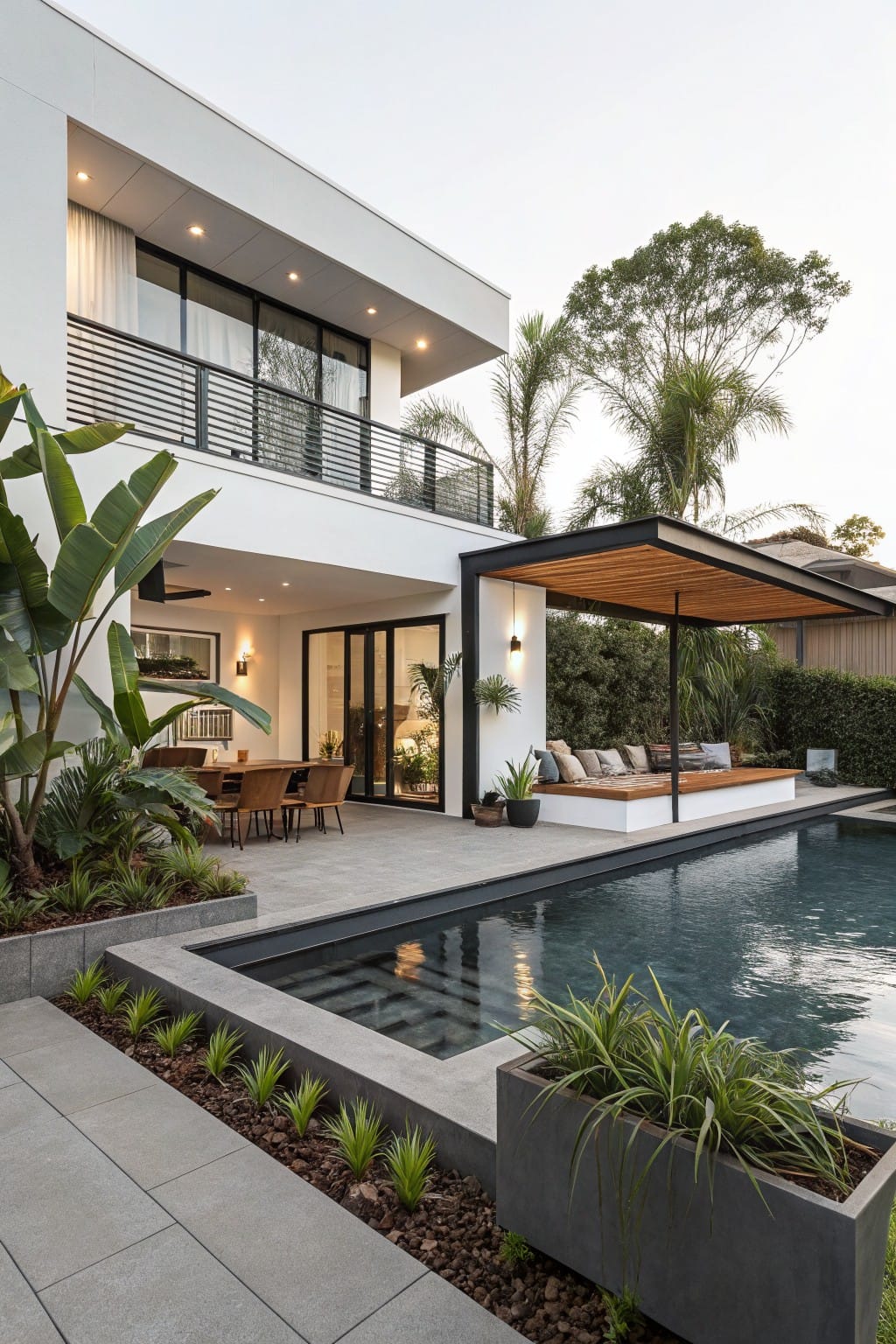 White modern two-story house with glass balcony and doors overlooking a rectangular dark-water pool, grey tiled pool edge, tropical plants in beds and pots, wooden pergola with outdoor seating, and palm trees nearby.