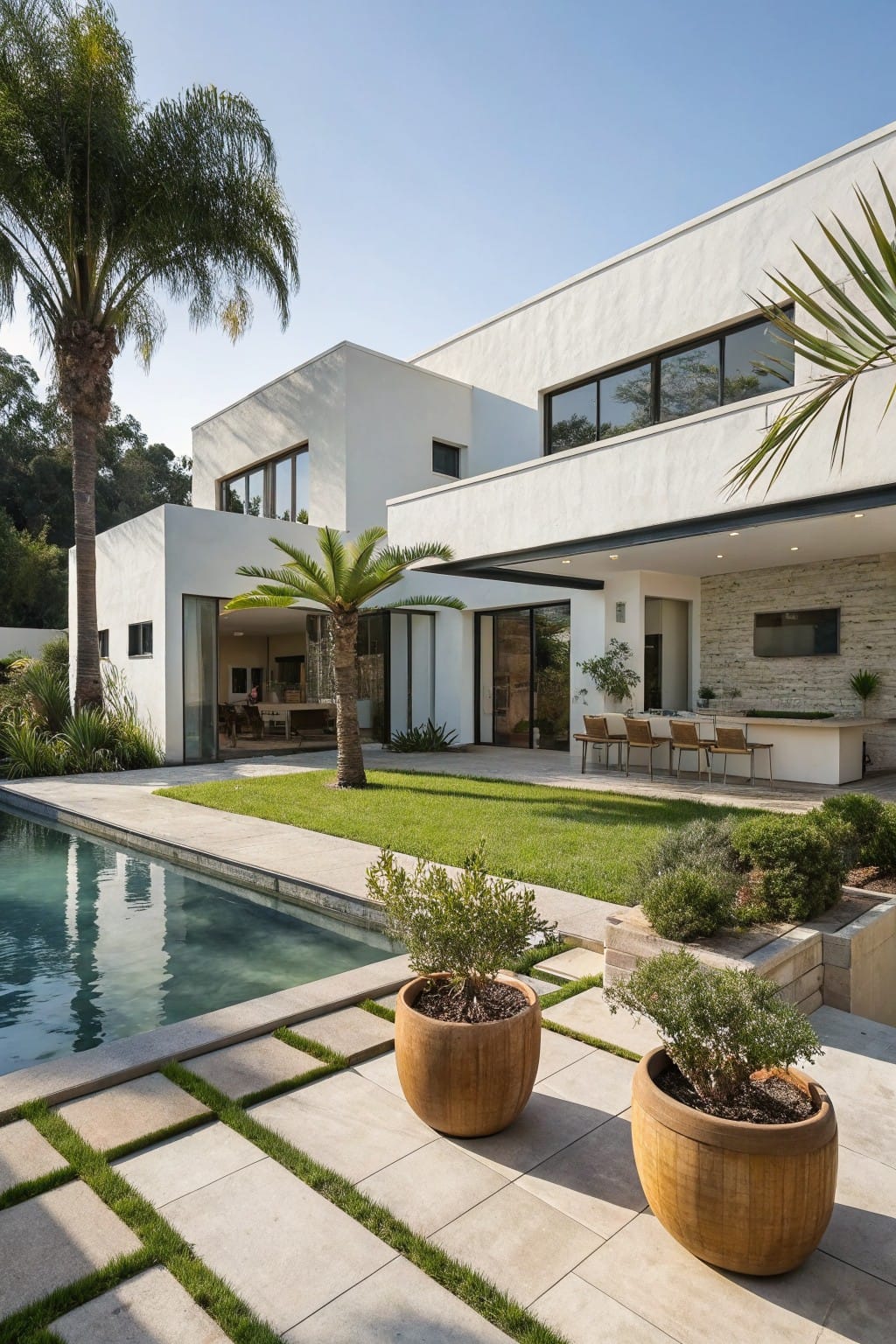White modern house with large glass doors overlooking a rectangular pool, light stone paver deck with grass strips, two large woven pots containing green shrubs, palm trees, and lawn in a tropical backyard setting.