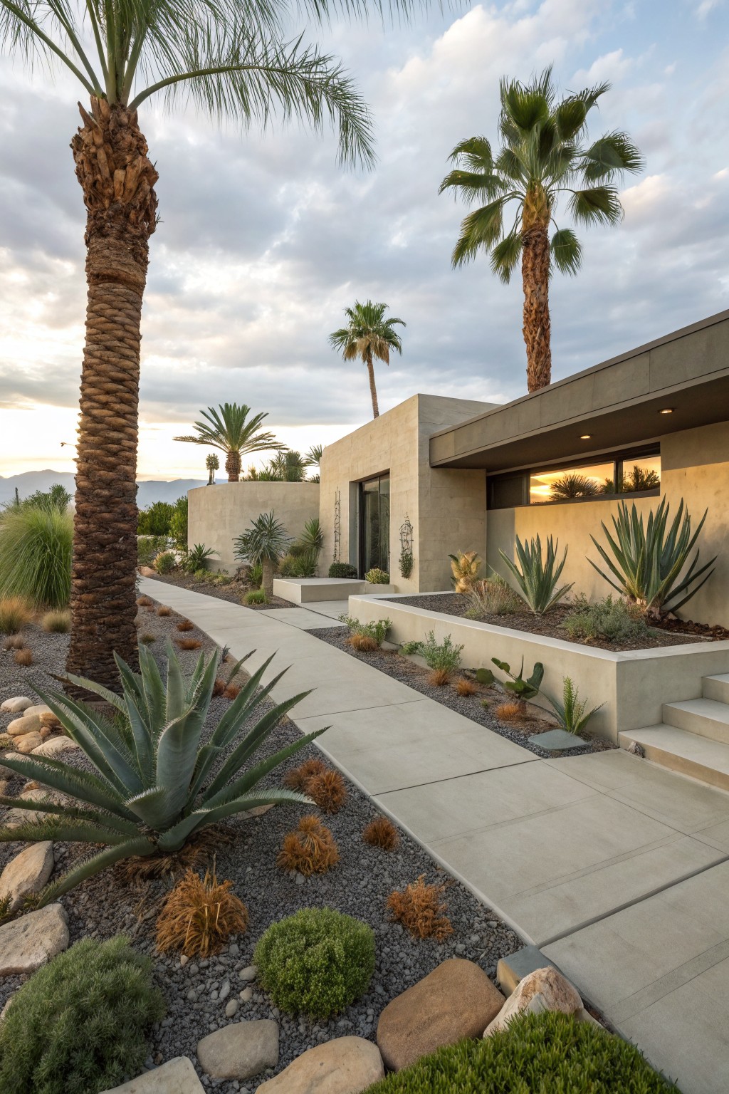 Beige stucco modern house with large windows and entry door, approached by straight concrete pathway lined with large agave plants, succulents, gravel beds, rocks, and palm trees in desert landscape.