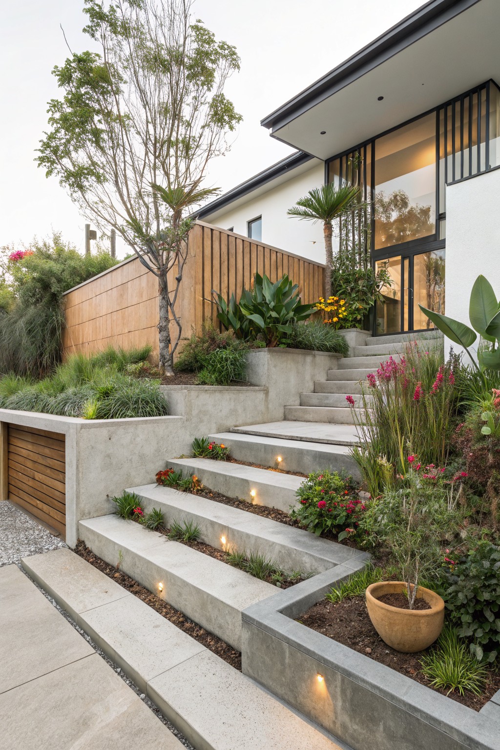 Modern white house facade with black metal entry door and windows, concrete terraced stairs lined with tropical plants and integrated lighting, surrounded by landscaped beds and wooden fence on a slope.
